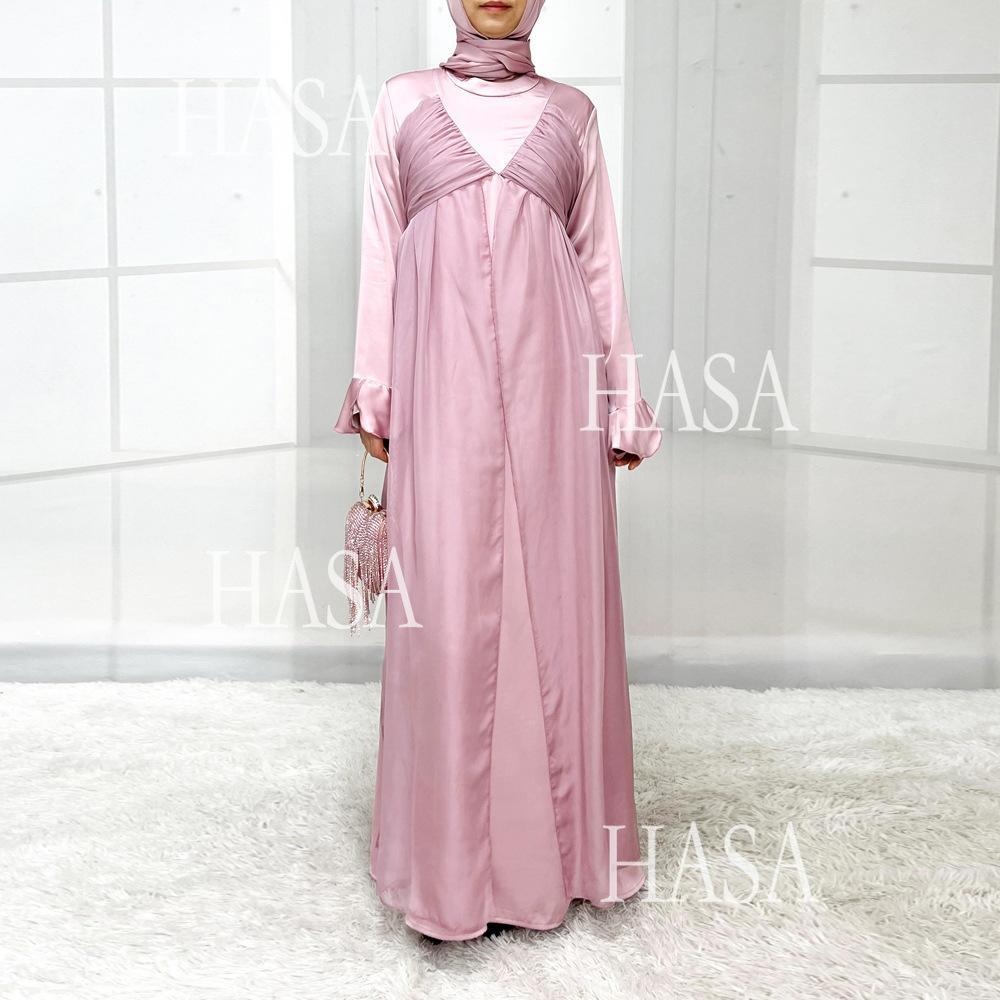 HS5858 Elegant Bright Satin Robe (without Headscarf), Clever Splicing Creates Multi-faceted Charm