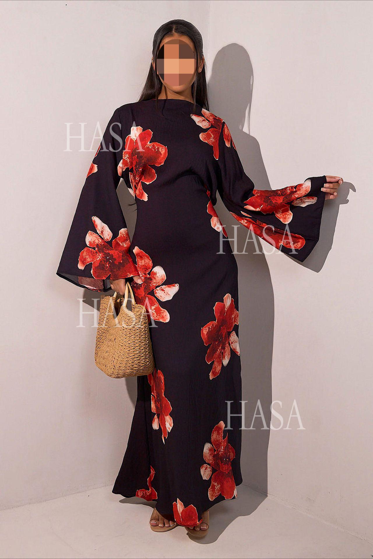 HA6503 Long-sleeved Waist-length Printed Dress (one Piece)