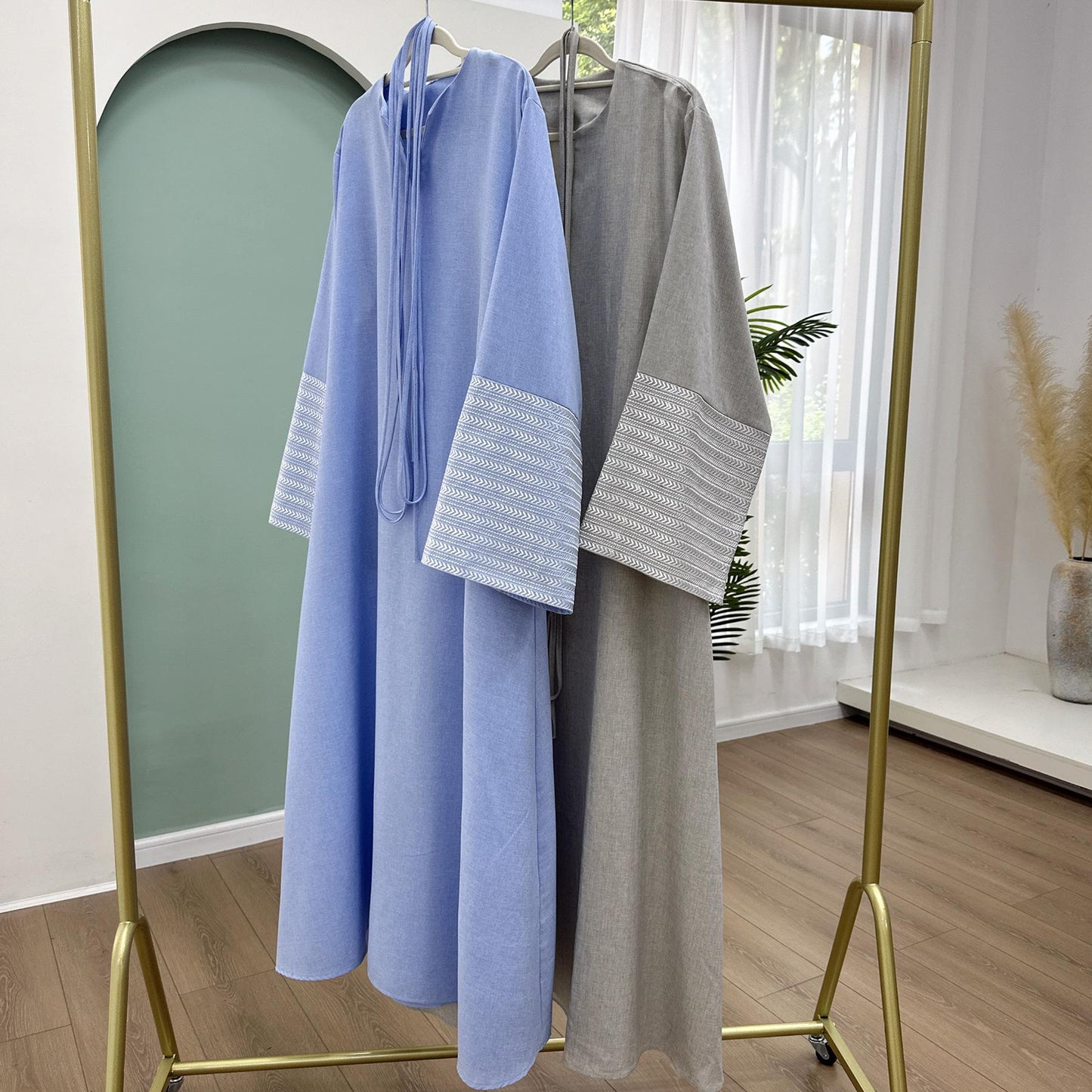 HA6490 Embroidered Panel Sleeve Long Dress
