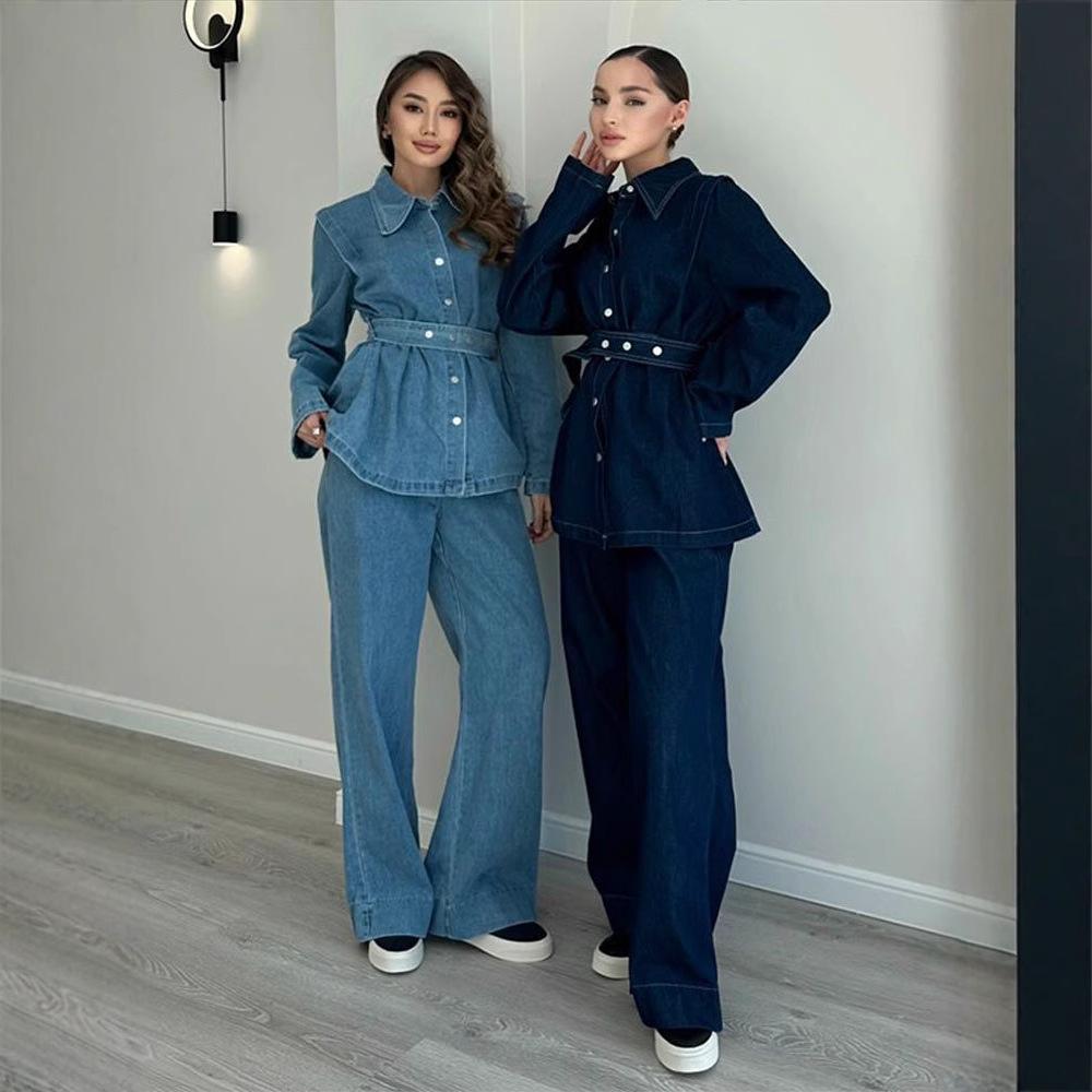 HA5890 Completo in Denim Lavato Primaverile Per Donne Con Cintura, Giacca Monopetto A Maniche Lunghe E Pantaloni A Vita Alta