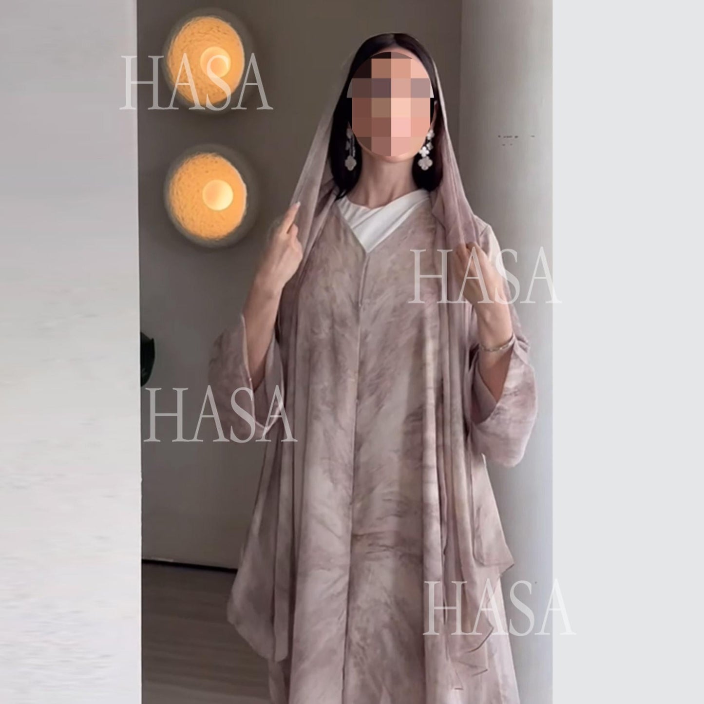 HA6551 Printed Abaya Cardigan with Matching Scarf Two-Piece Set