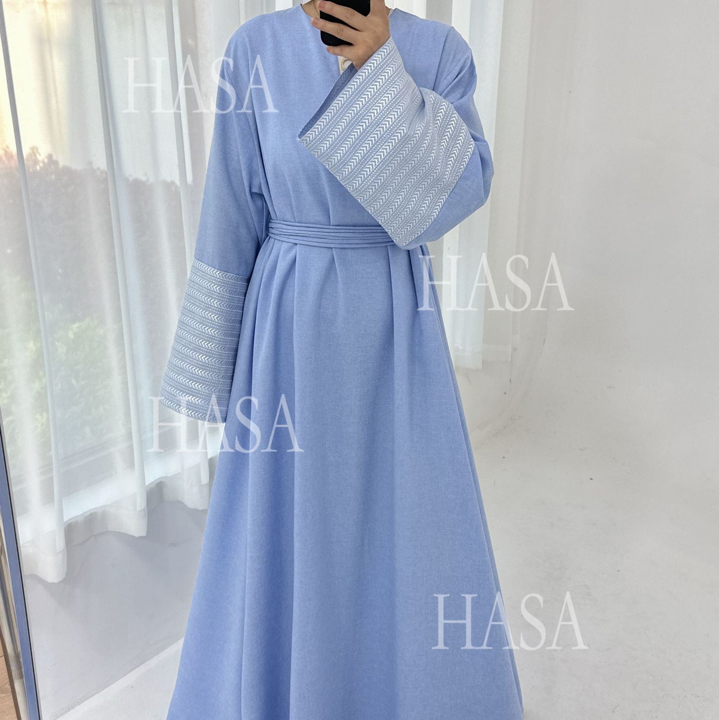 HA6490 Embroidered Panel Sleeve Long Dress
