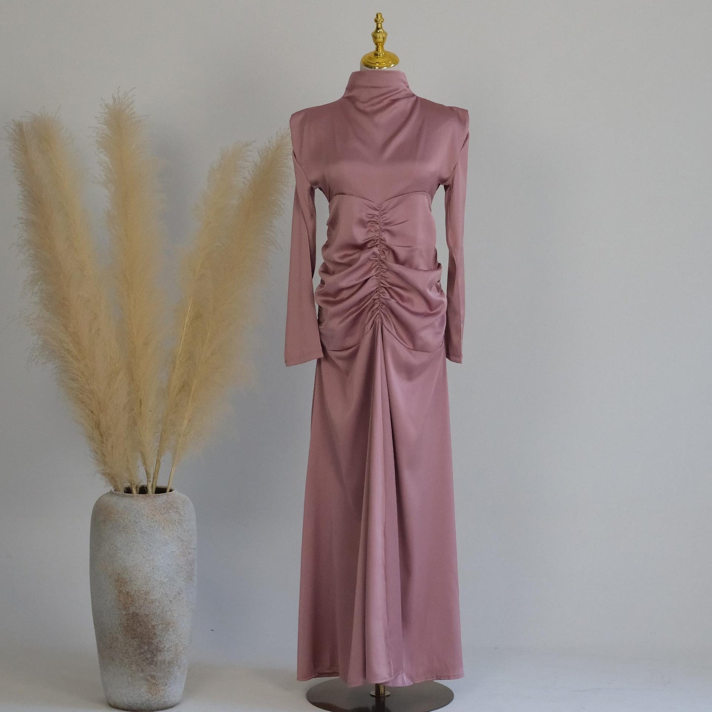 HAYA HAYA1020 Solid Color High Neck Slimming Robe Dress
