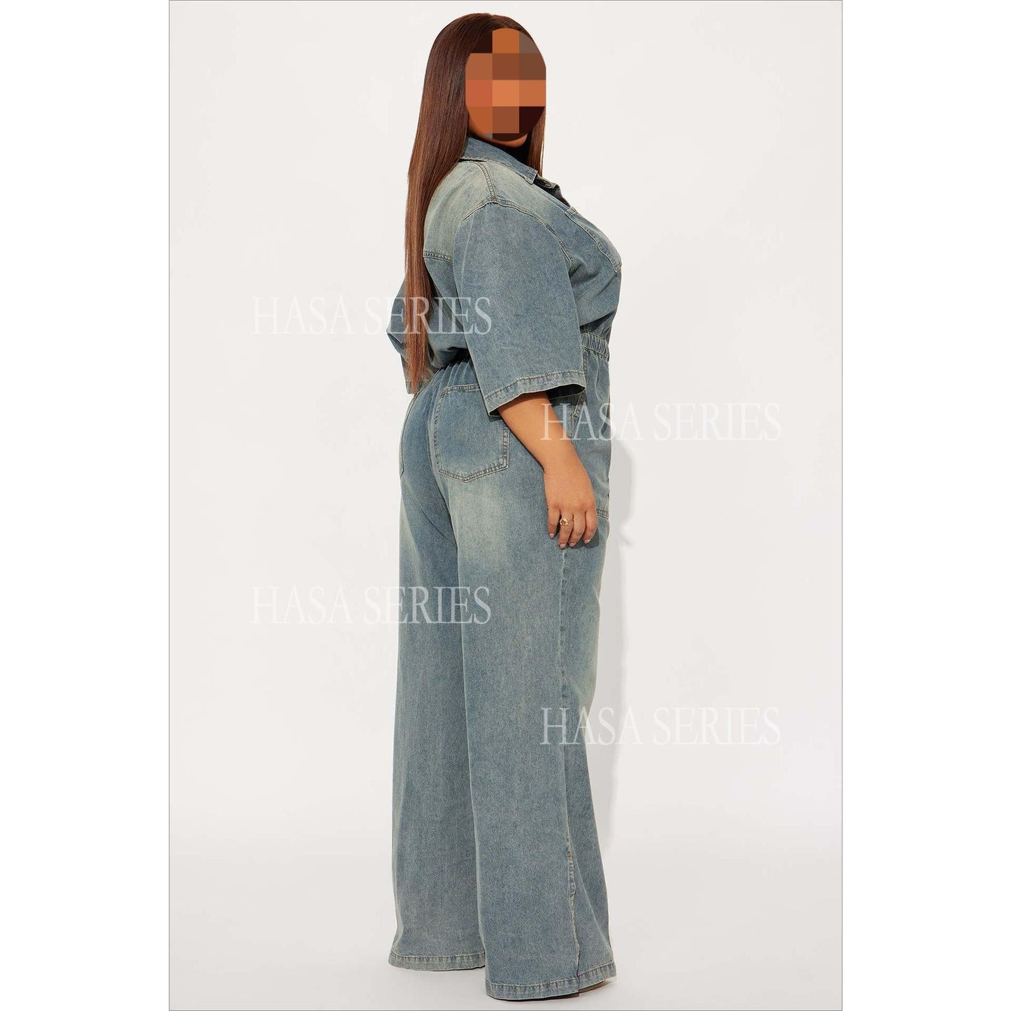 HASASERIES HS6686 Washed Denim Slim-fit Flared Jumpsuit