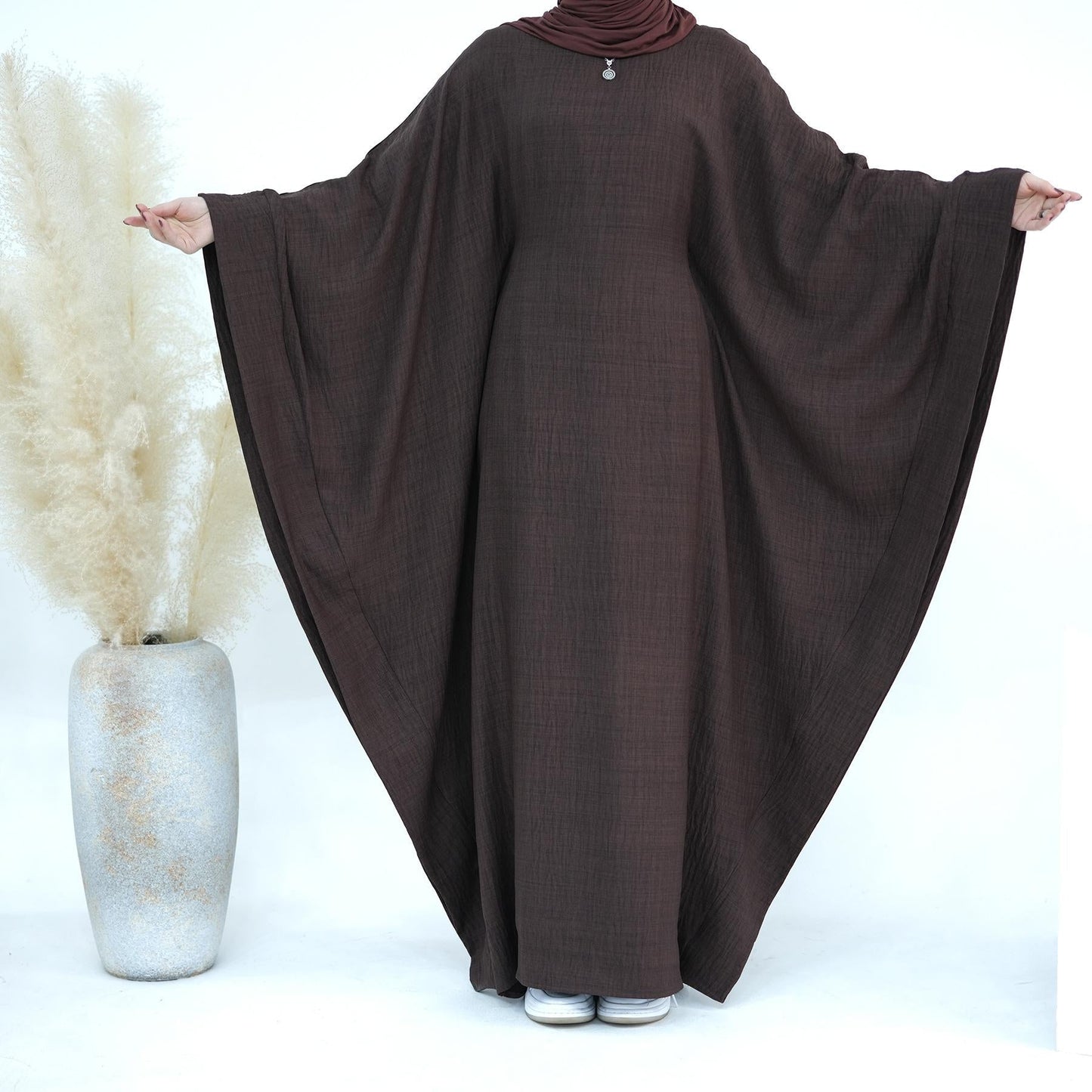 HAYA HA1177 Waist Raging Bat Sleeves Dress Crepe Kaftan with Built-in Belt