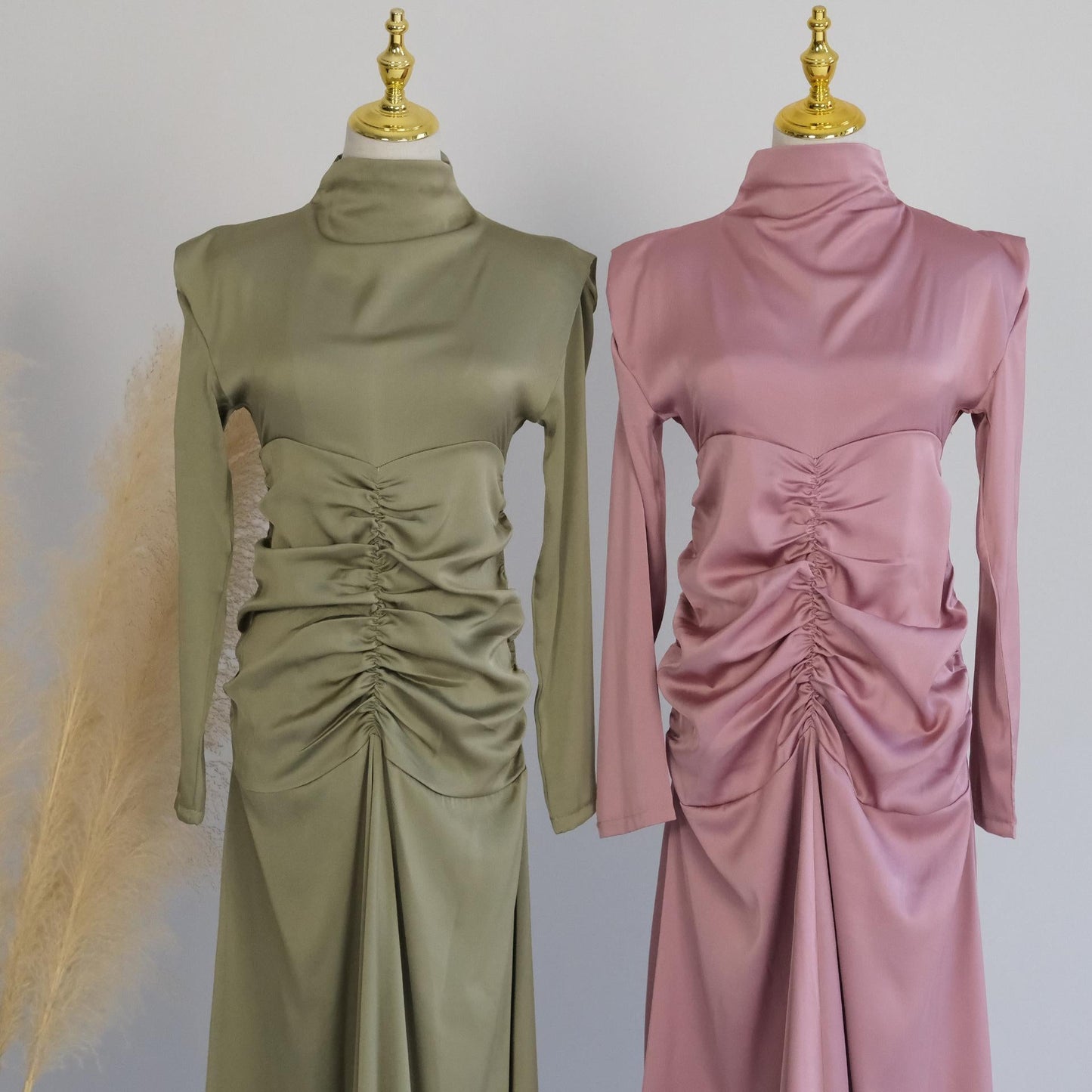 HAYA HAYA1020 Solid Color High Neck Slimming Robe Dress