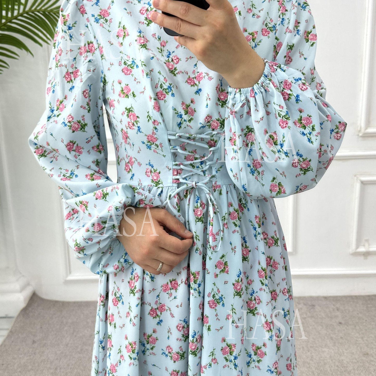 HA6489 Long-sleeved Floral Maxi Dress with Natural Waist