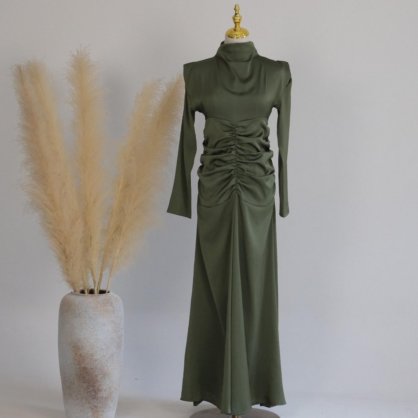HAYA HAYA1020 Solid Color High Neck Slimming Robe Dress