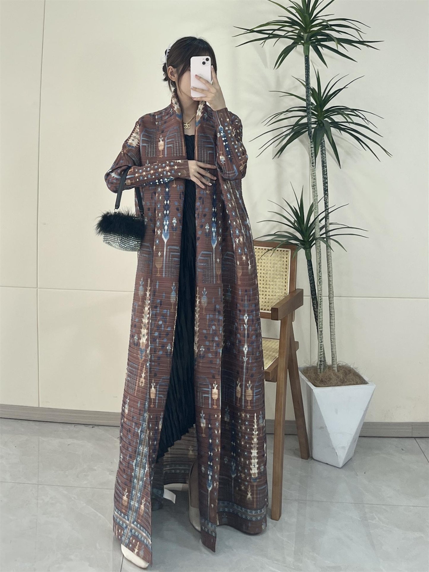 HS5848 Retro Brown Textured Open-front Long Coat