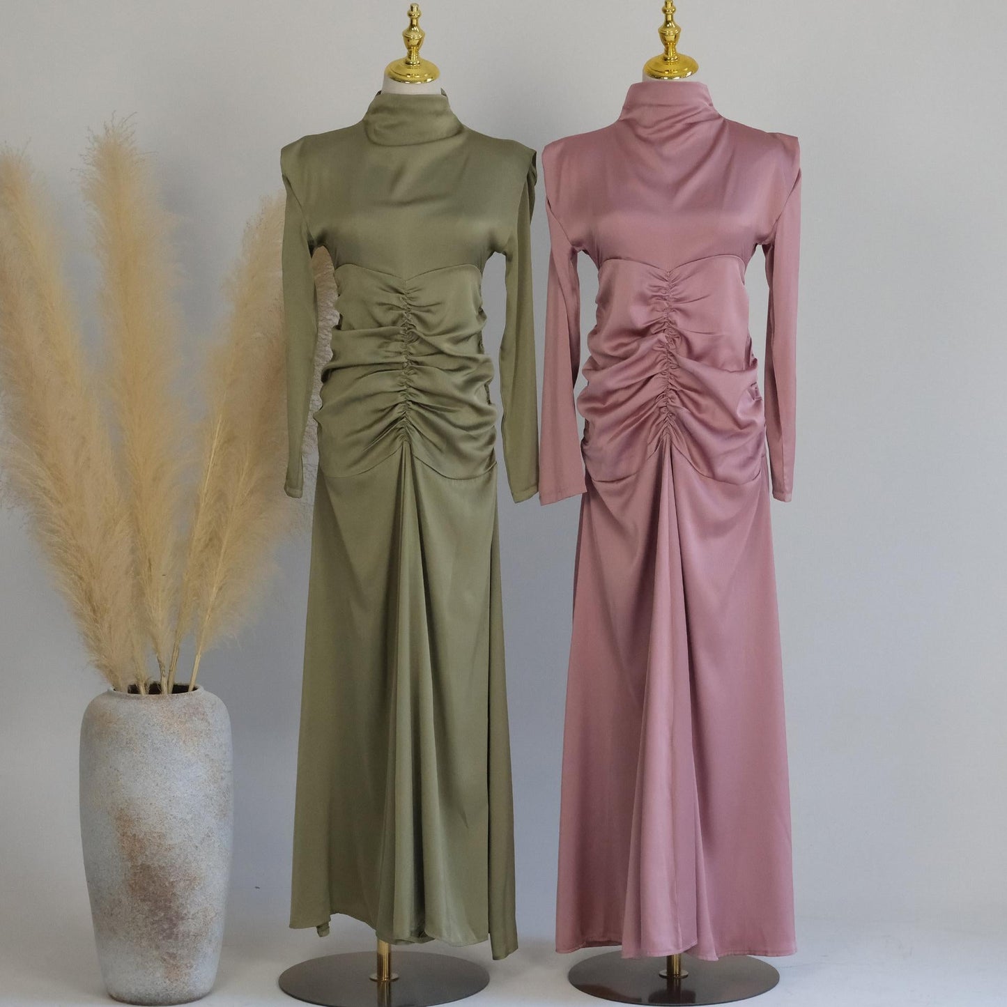 HAYA HAYA1020 Solid Color High Neck Slimming Robe Dress