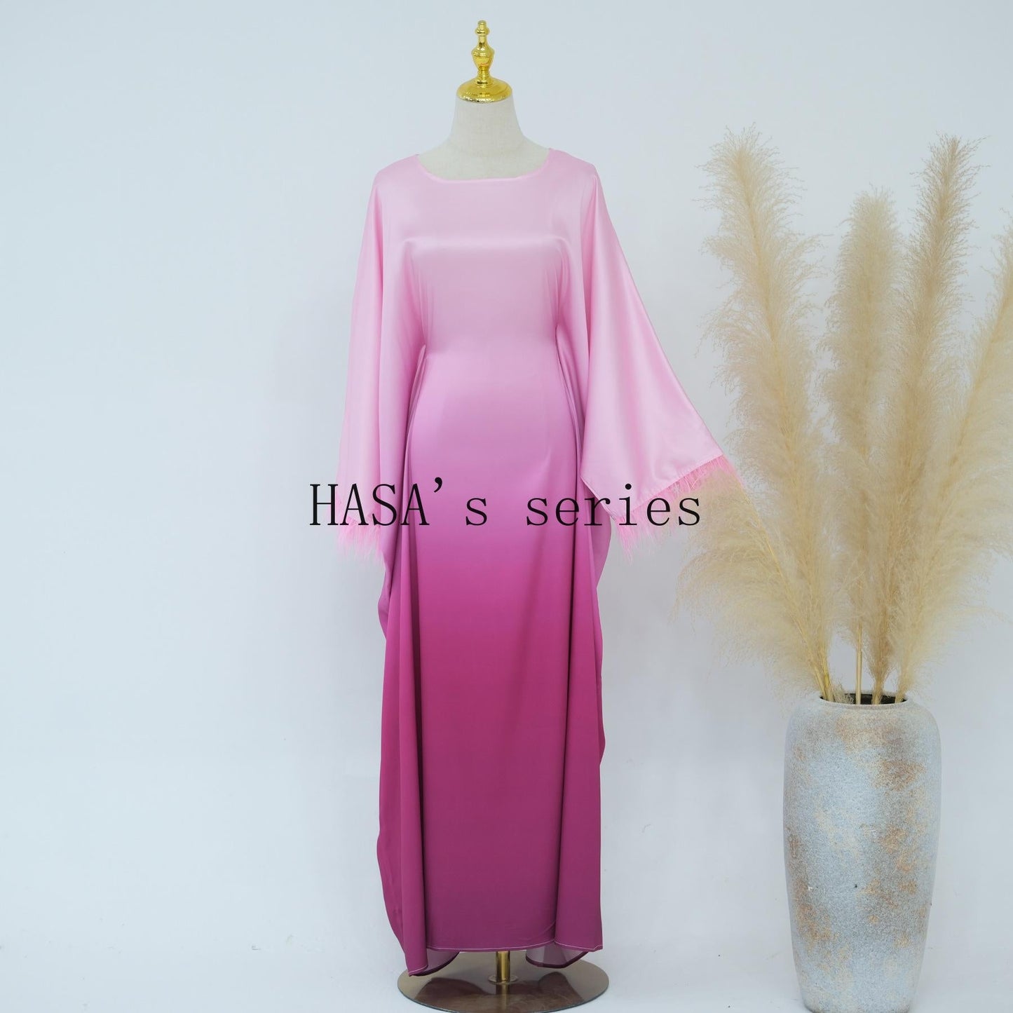 HS5111 Gradient-colored Fringed Long Dress, Romantic Dress with Batwing Sleeves.