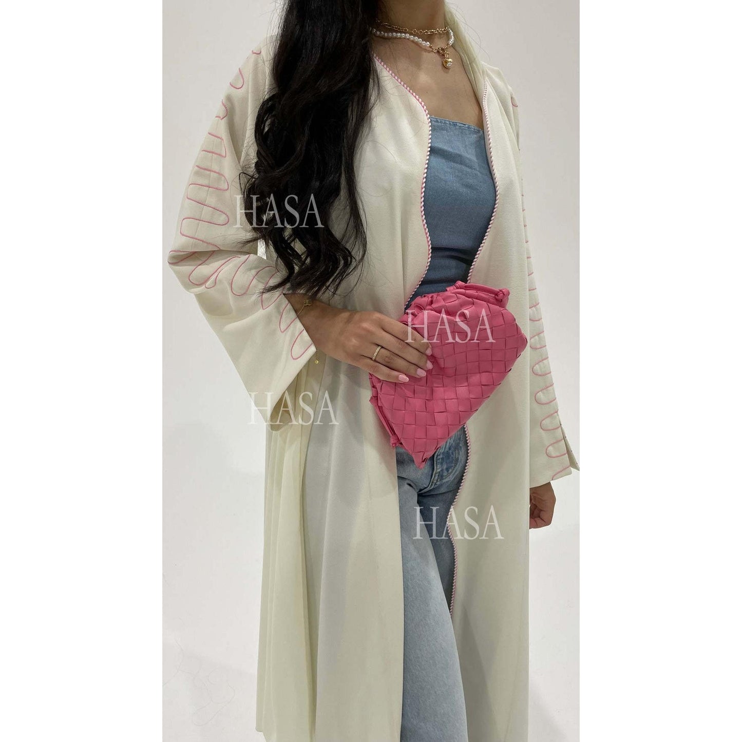 HASA's Series HA6582 Abaya Women's Long Embroidered Cardigan Jacket with Wavy Edges