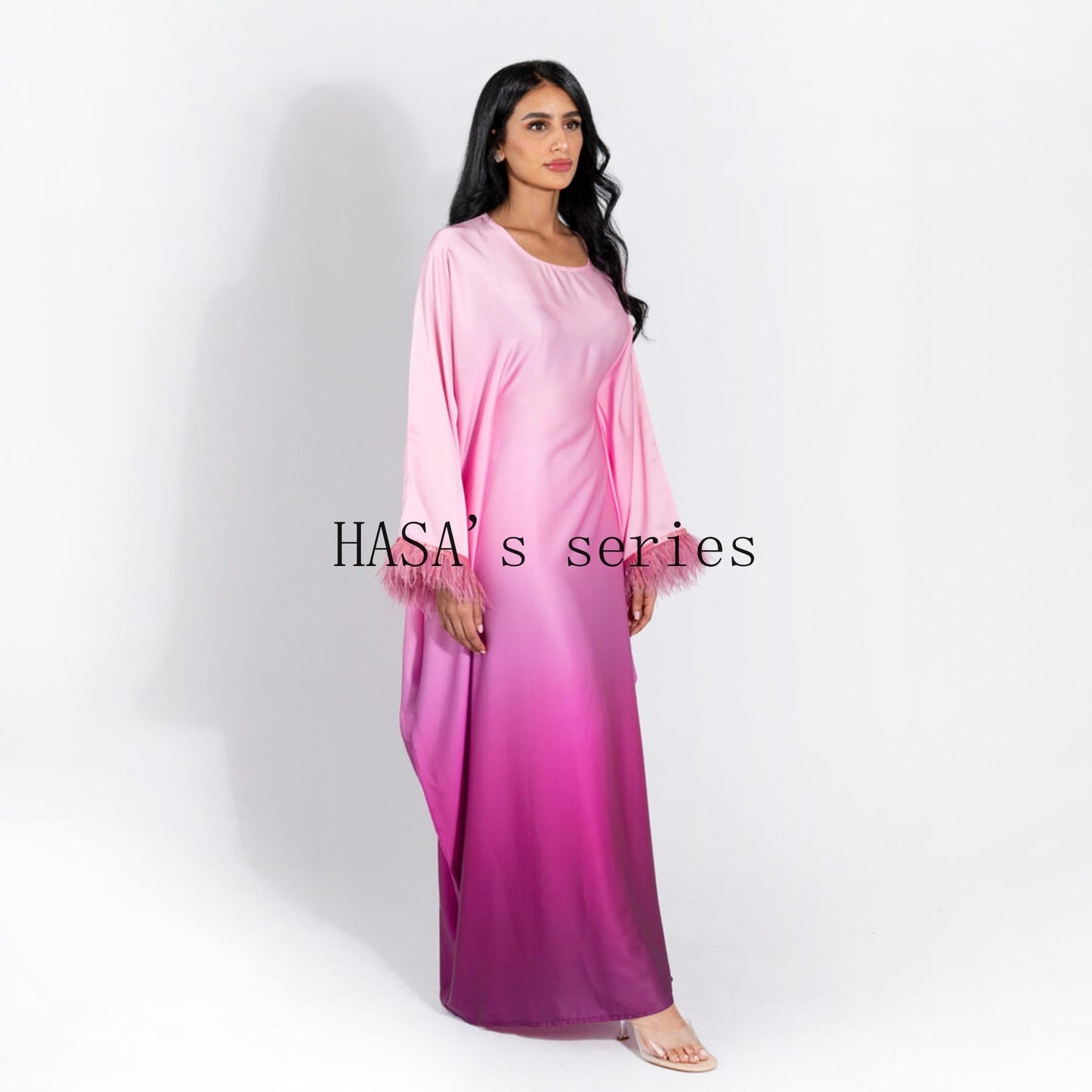 HS5111 Gradient-colored Fringed Long Dress, Romantic Dress with Batwing Sleeves.