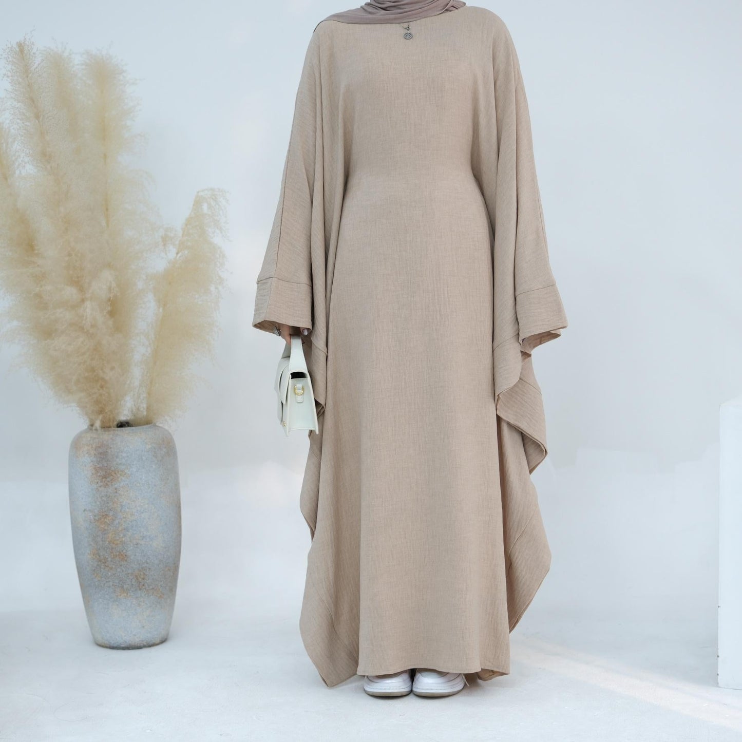 HAYA HA1177 Waist Raging Bat Sleeves Dress Crepe Kaftan with Built-in Belt