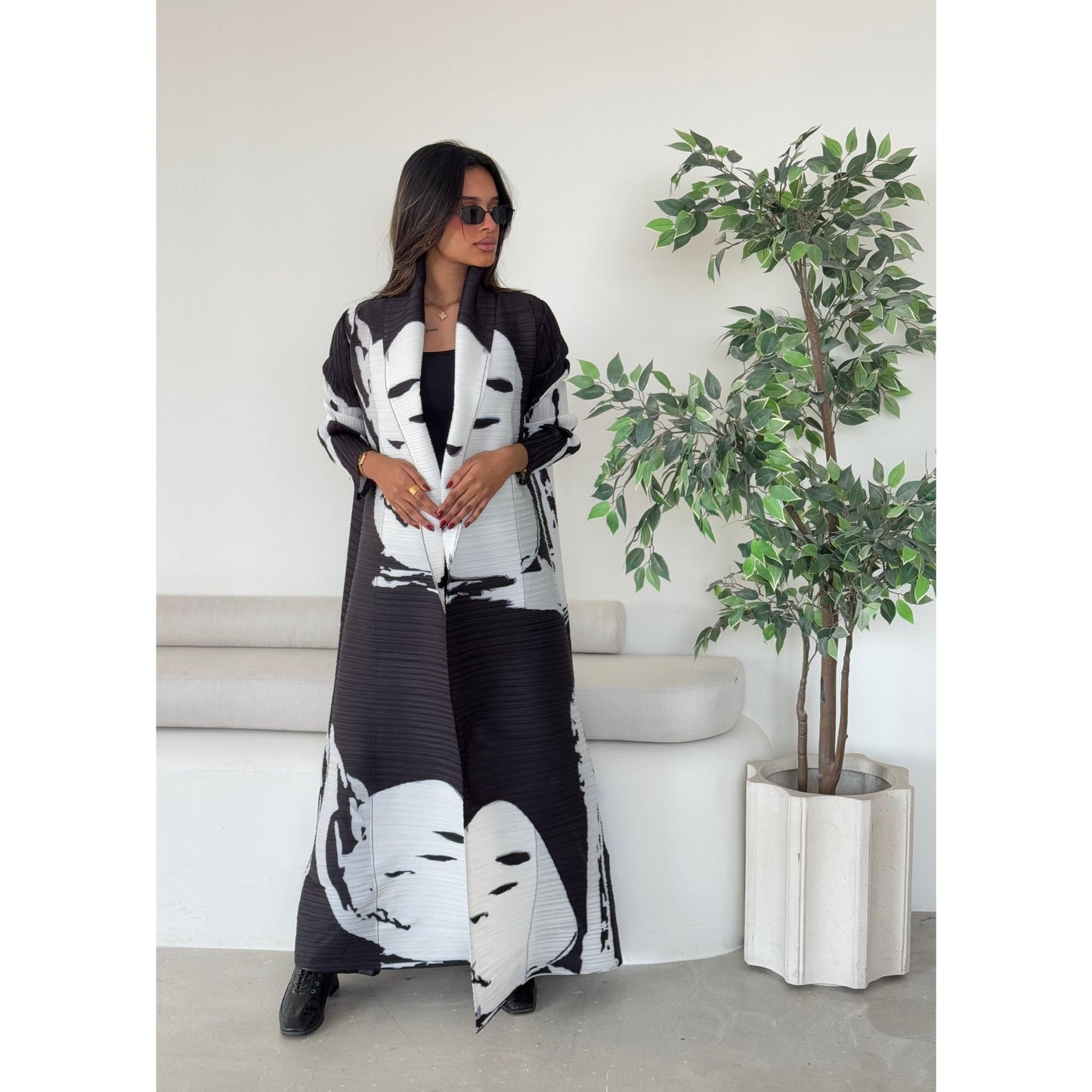 HS6726  White Abstract Belted Abaya with Artistic Prints
