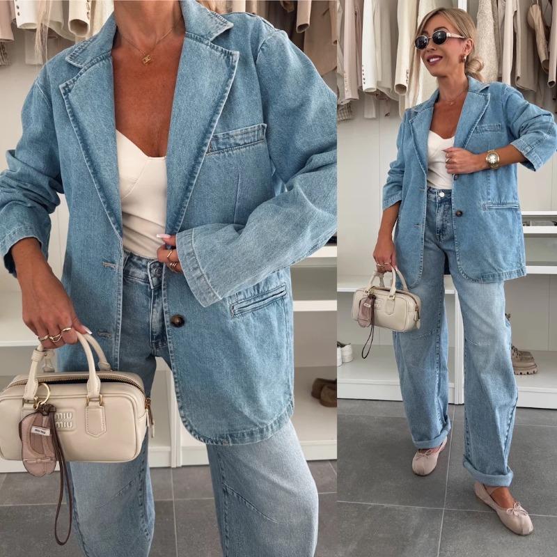 HA6181 Fashionable Casual Loose Washed Blue Denim Women's Blazer