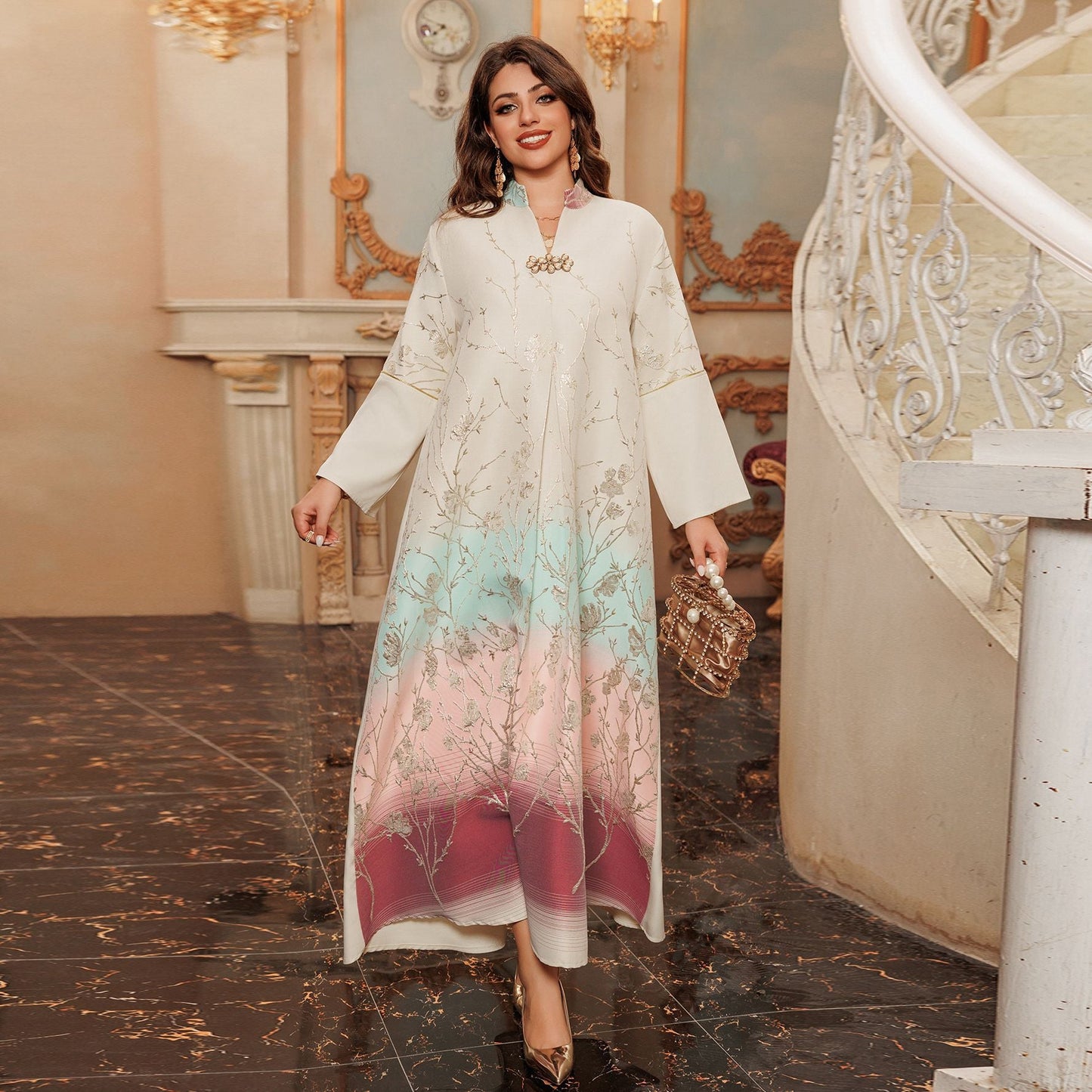 HA6645 Jacquard Embroidered Gradient Robe with Elegant Layered Design