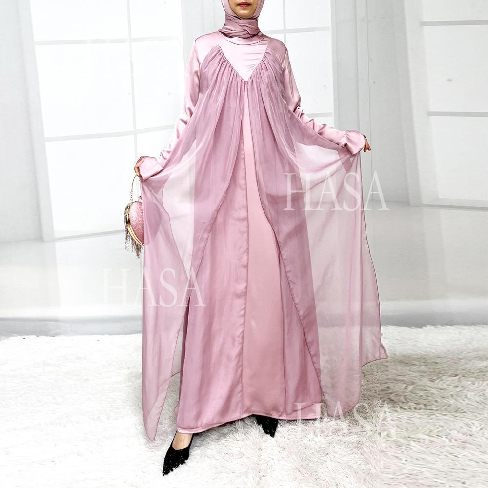HS5858 Elegant Bright Satin Robe (without Headscarf), Clever Splicing Creates Multi-faceted Charm