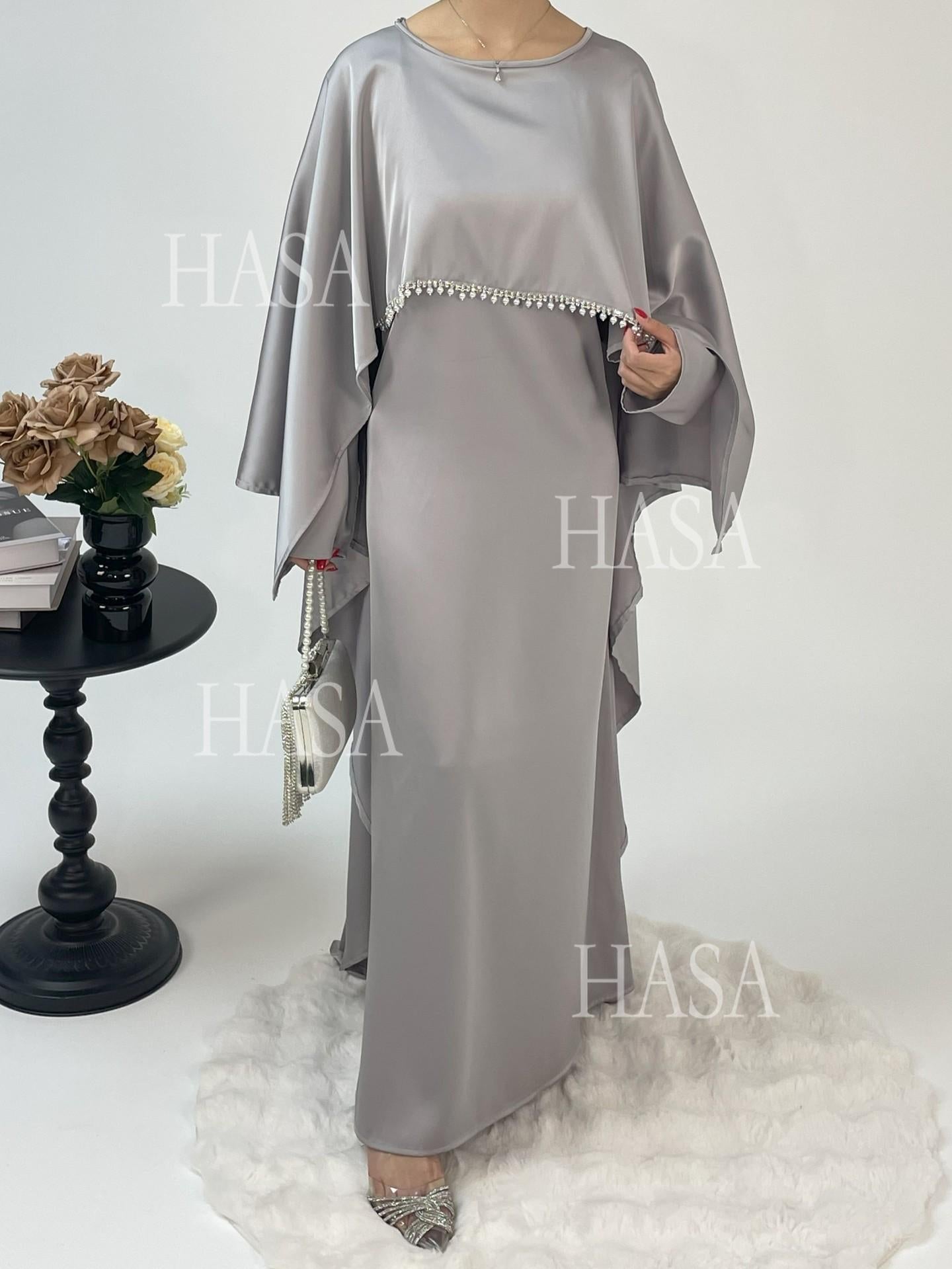 HA6570 Elegant Cape-style Satin Dress Robe for Women
