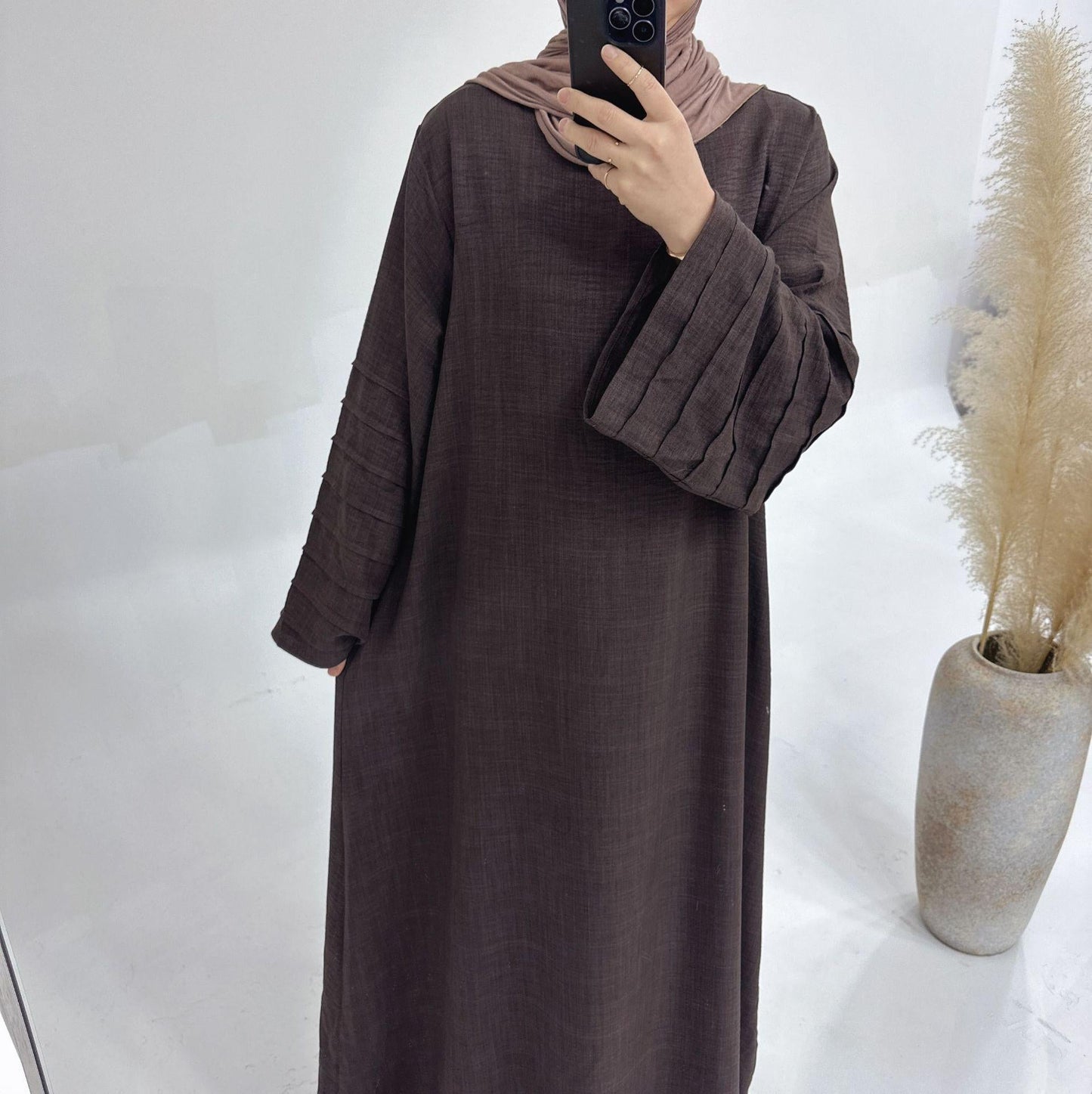 HAYA HA1179 Loose Fit Large Crepe Abaya Dress with Belt