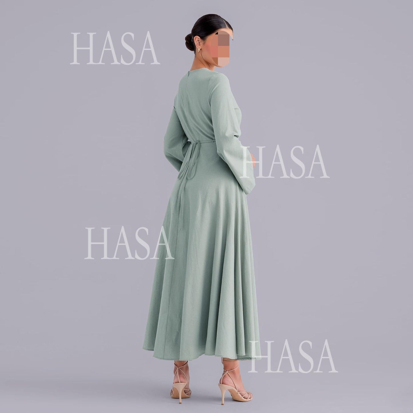HA6494 Simple Solid Color Linen Bamboo Dress | Lace-Up Design