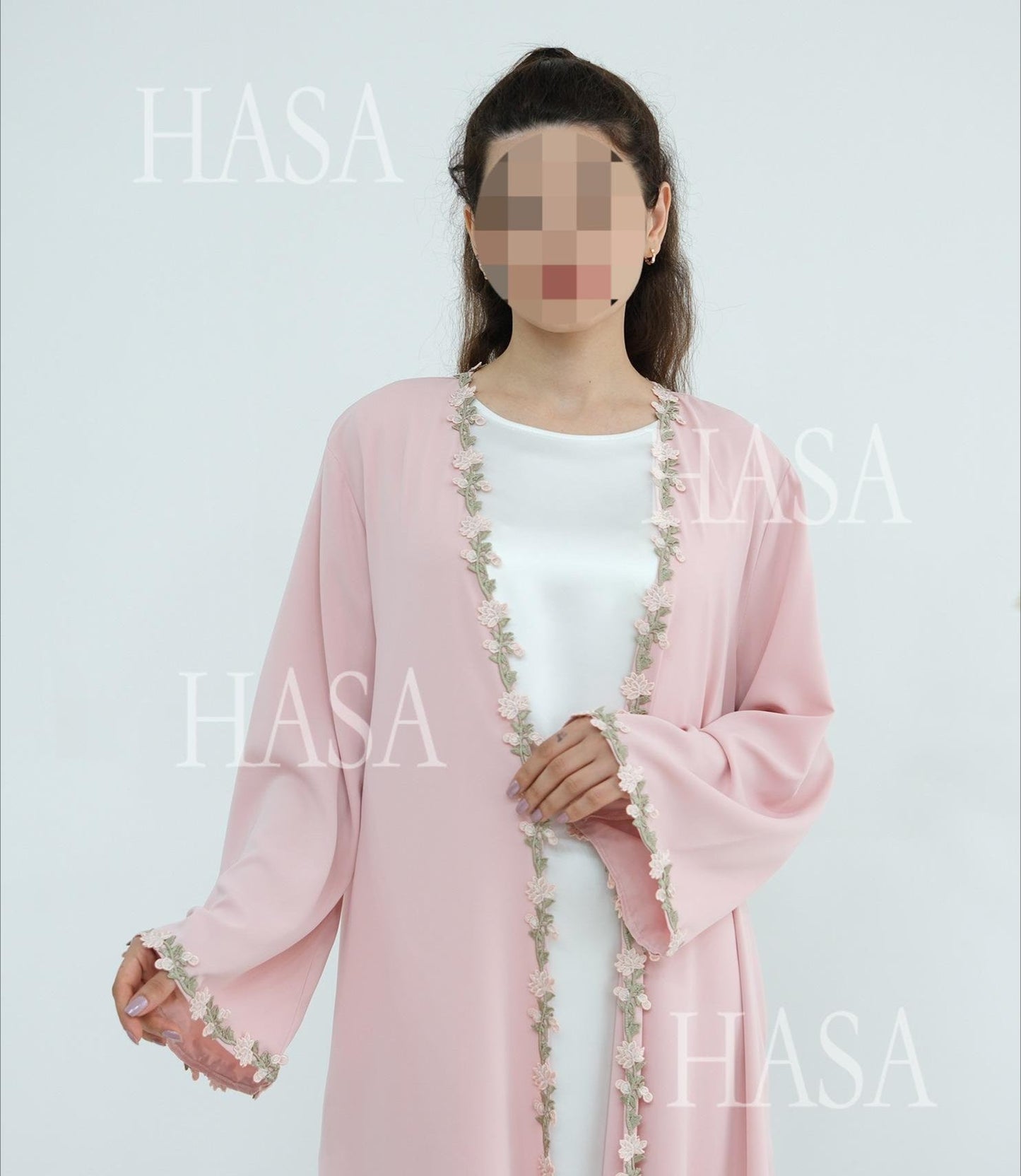 HA6618 Pink Flower Stitching Cardigan Two-Piece Set (Including Headscarf)