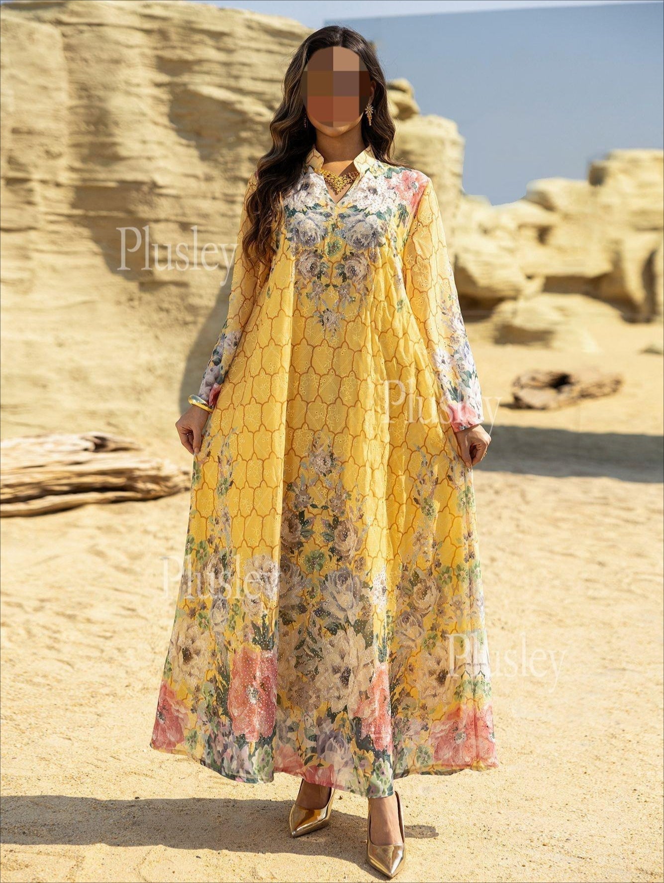 HA6636 Floral Print Embroidered Long Dress