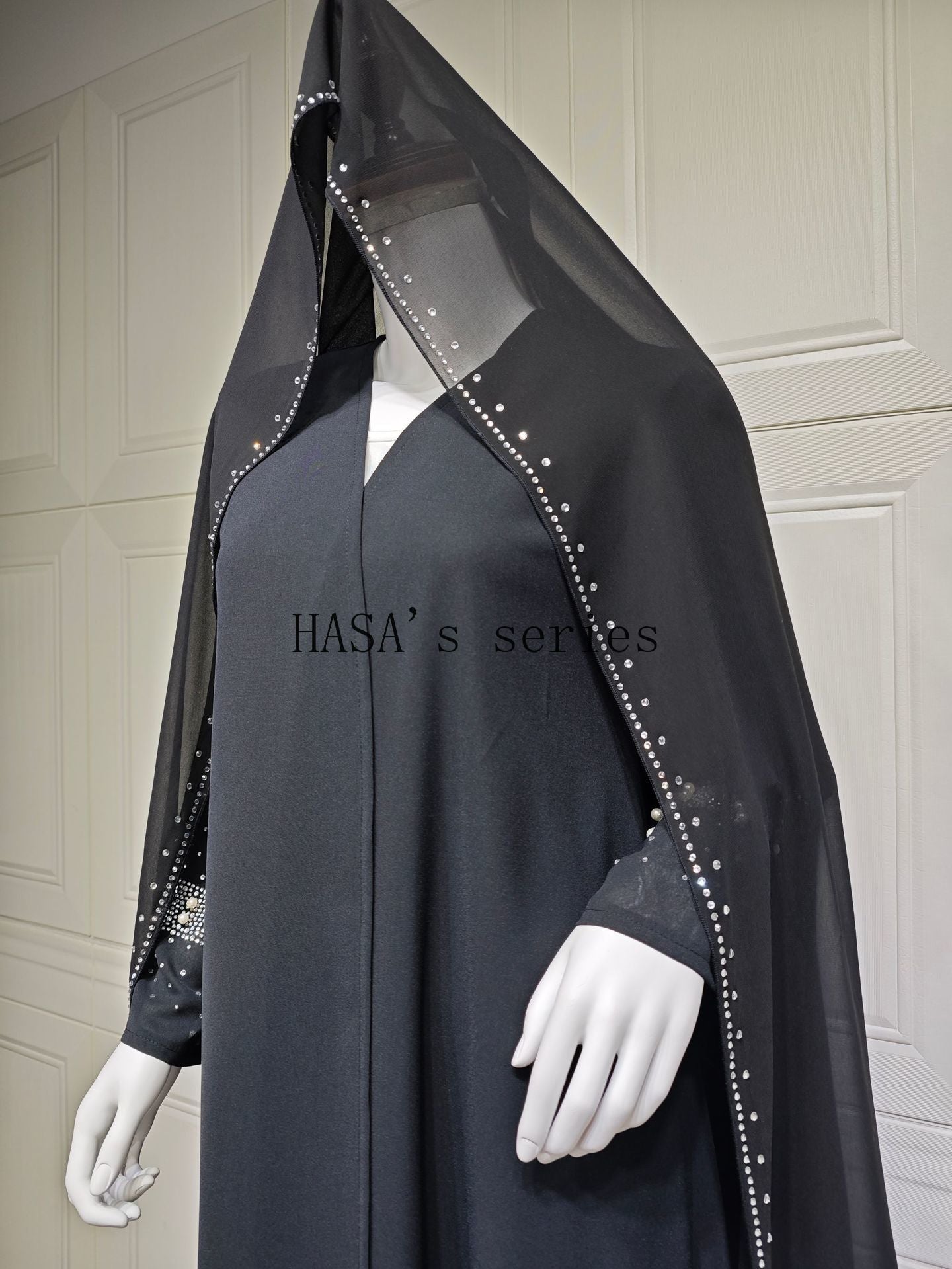 HS5097 Elegant Black Rhinestone-embellished Gown, Two-piece Beaded Set with Headscarf.