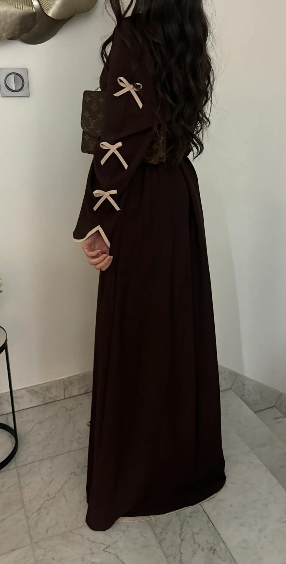 HA5883  A Two-piece Robe and Skirt Set with A Soft Bow and A Belt Design open abaya outfit