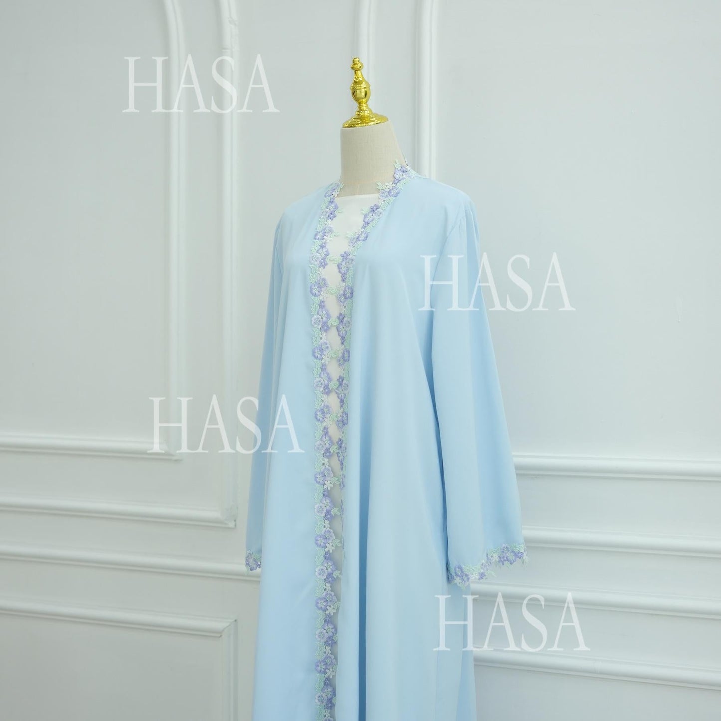HA6562 Blue Bow Embroidered Abaya Tunic Cardigan