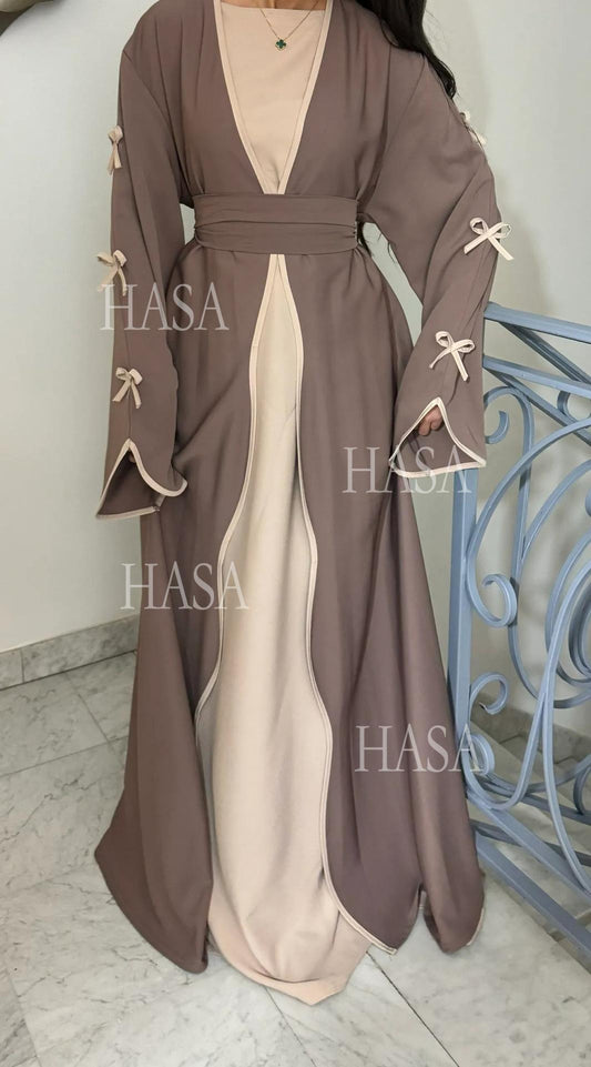HA5883  A Two-piece Robe and Skirt Set with A Soft Bow and A Belt Design open abaya outfit