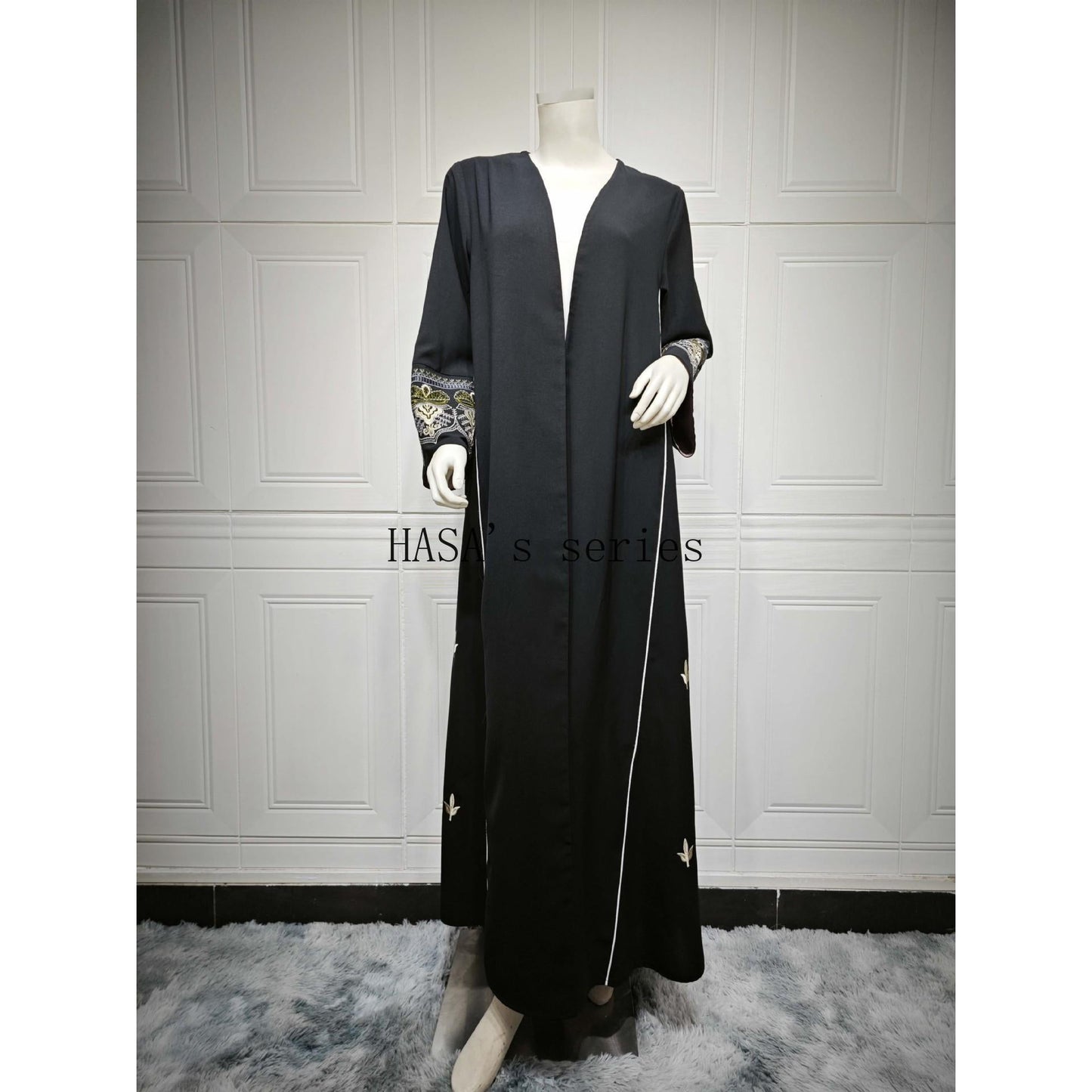 HS5090 Classic black embroidered patchwork robe, designed as a loose, open-front dress.