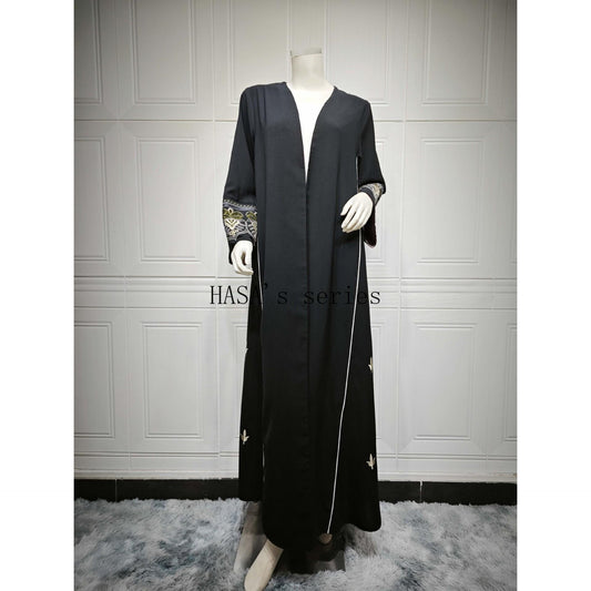 HS5090 Classic black embroidered patchwork robe, designed as a loose, open-front dress.