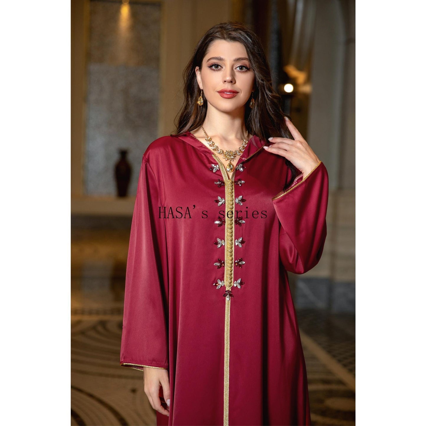 HASA's Series  HA1231 Jeweled Ribbon Satin Home Dress Abaya