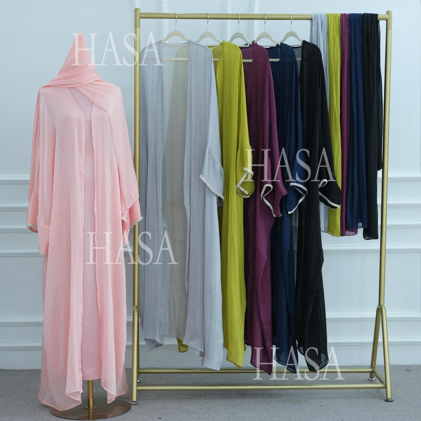 HA6553  Two-Piece Solid Abaya with Beaded Details and Matching Scarf Option