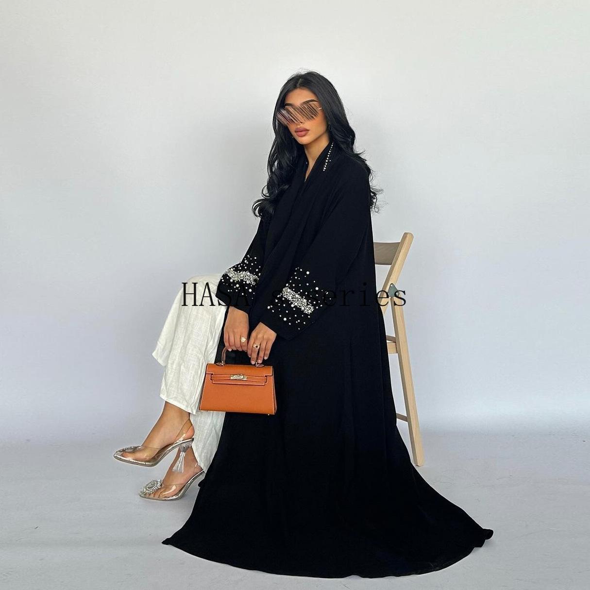 HS5097 Elegant Black Rhinestone-embellished Gown, Two-piece Beaded Set with Headscarf.