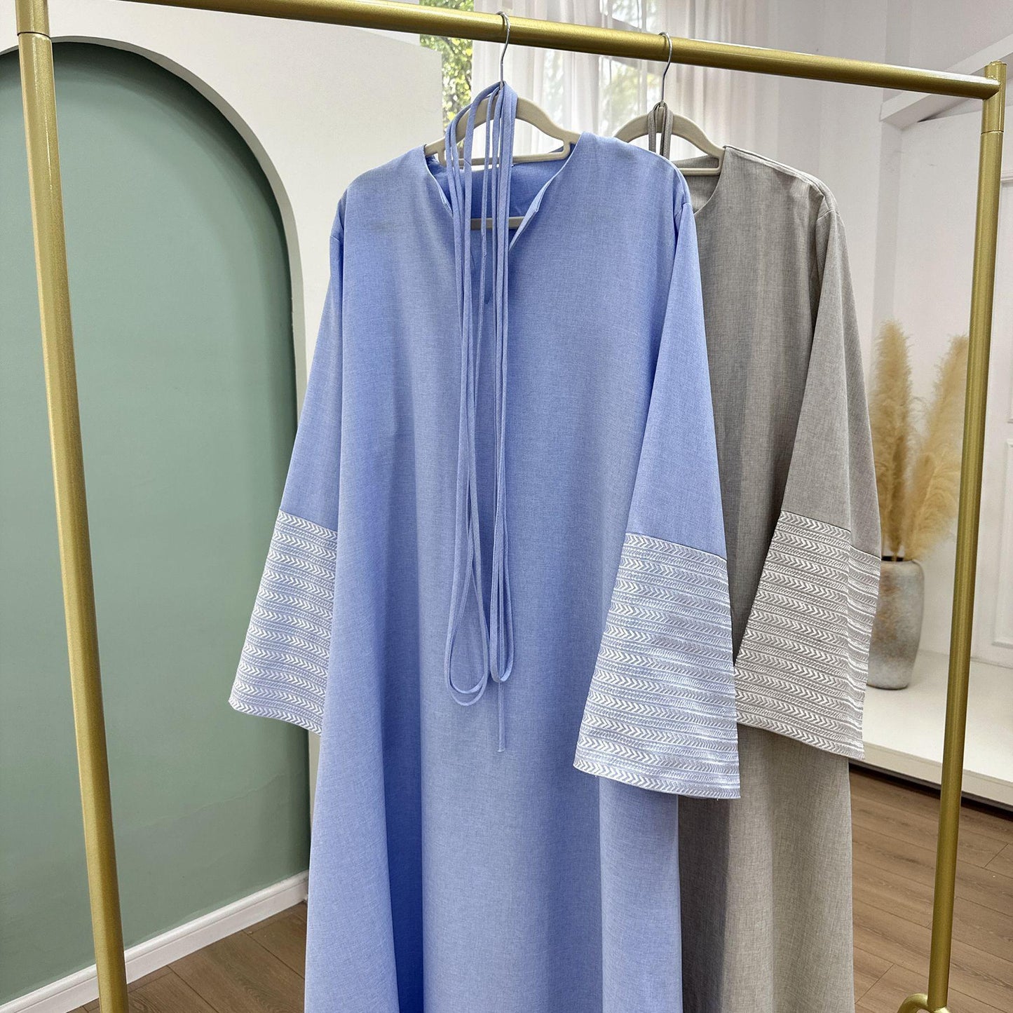 HA6490 Embroidered Panel Sleeve Long Dress