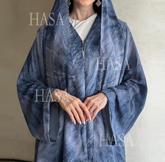 HA6551 Printed Abaya Cardigan with Matching Scarf Two-Piece Set