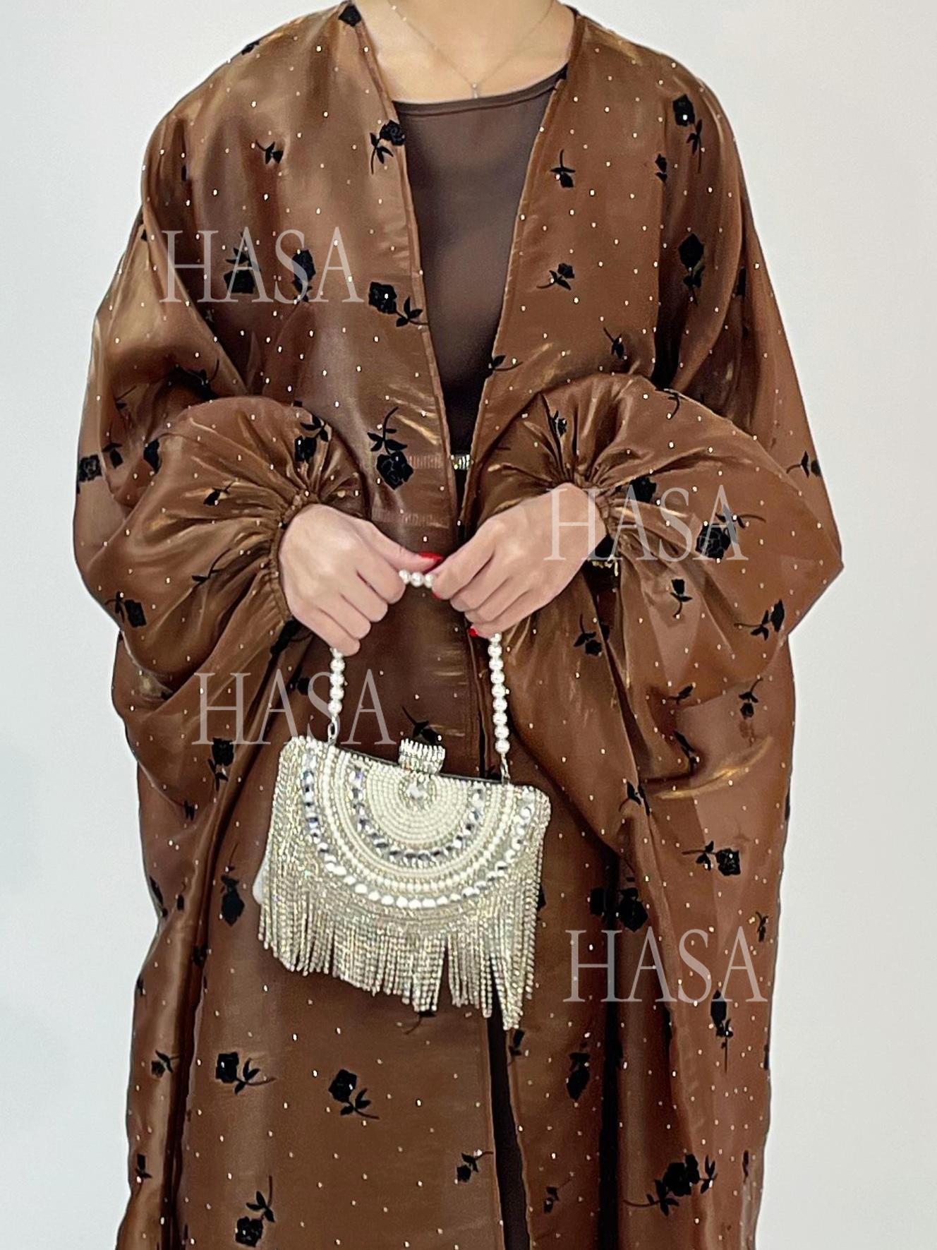 HA6536 Elegant Rose Pattern Abaya Outer Dress Set