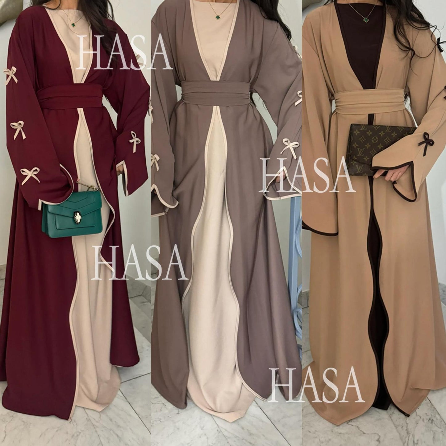 HA5883  A Two-piece Robe and Skirt Set with A Soft Bow and A Belt Design open abaya outfit