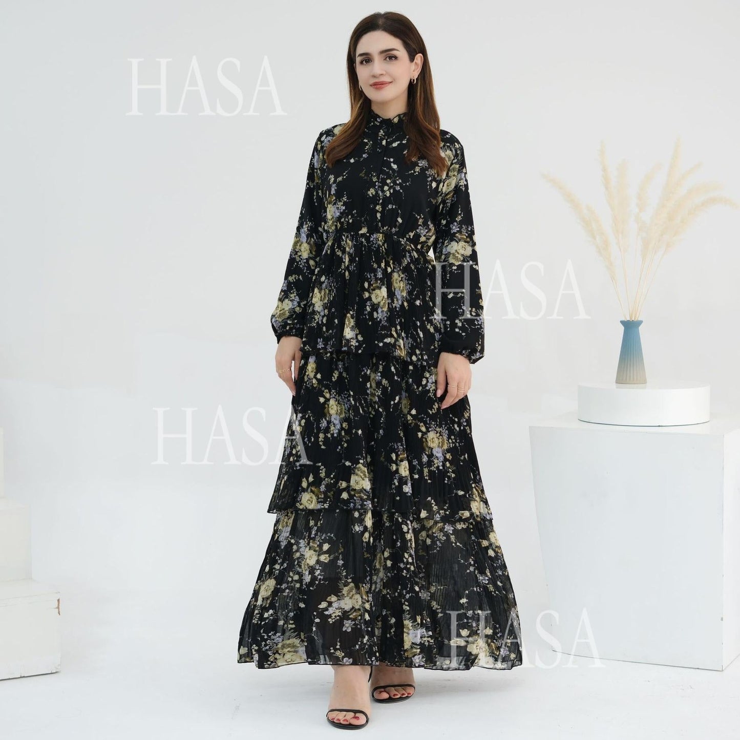 HA6500  Romantic Layered Print Long Dress