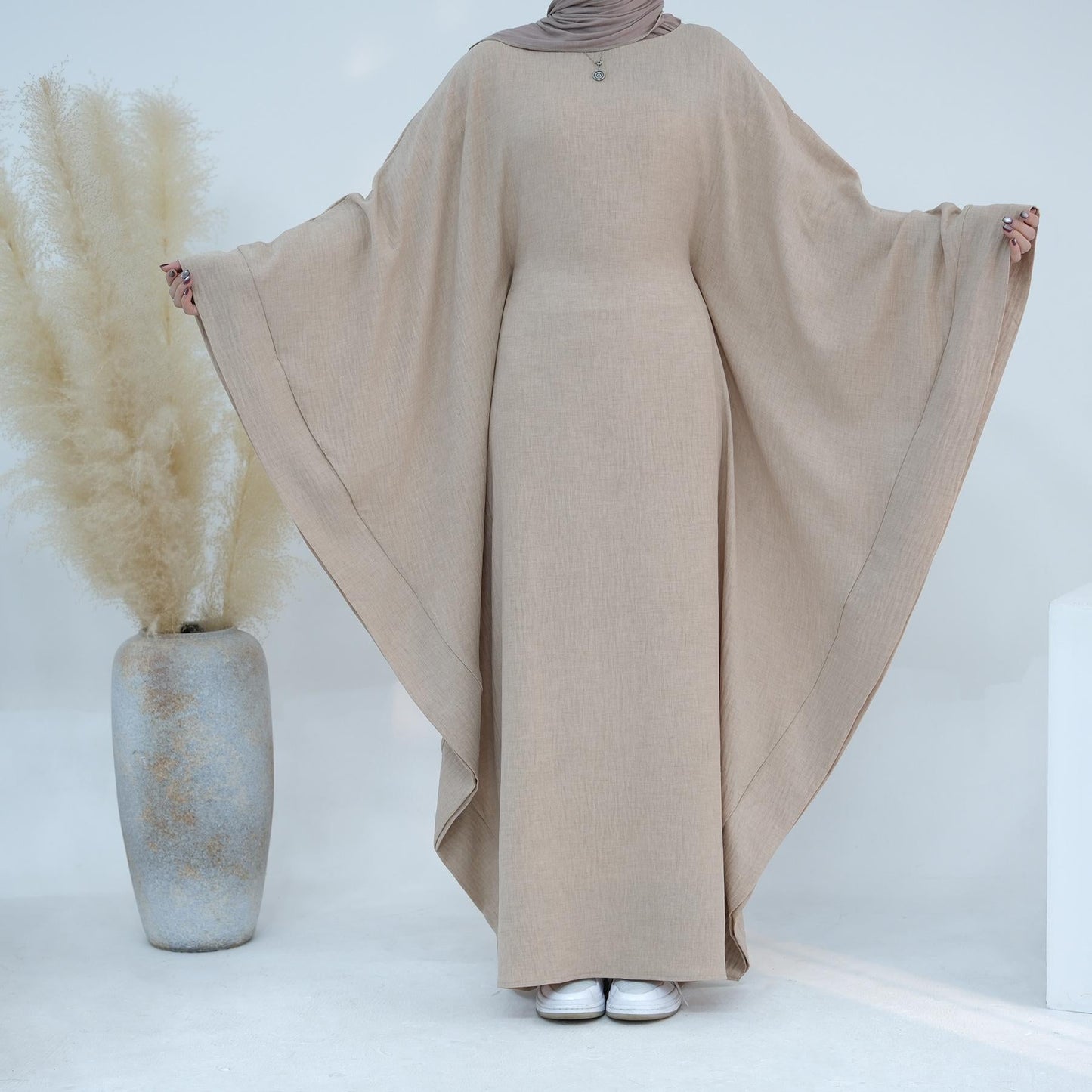 HAYA HA1177 Waist Raging Bat Sleeves Dress Crepe Kaftan with Built-in Belt