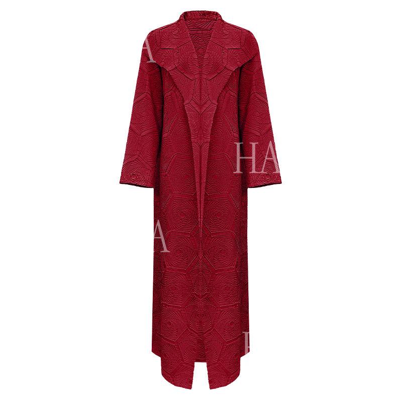 HA6592 Embroidered Pleated Cardigan Jacket - Large Size, Comfortable Mid-Length