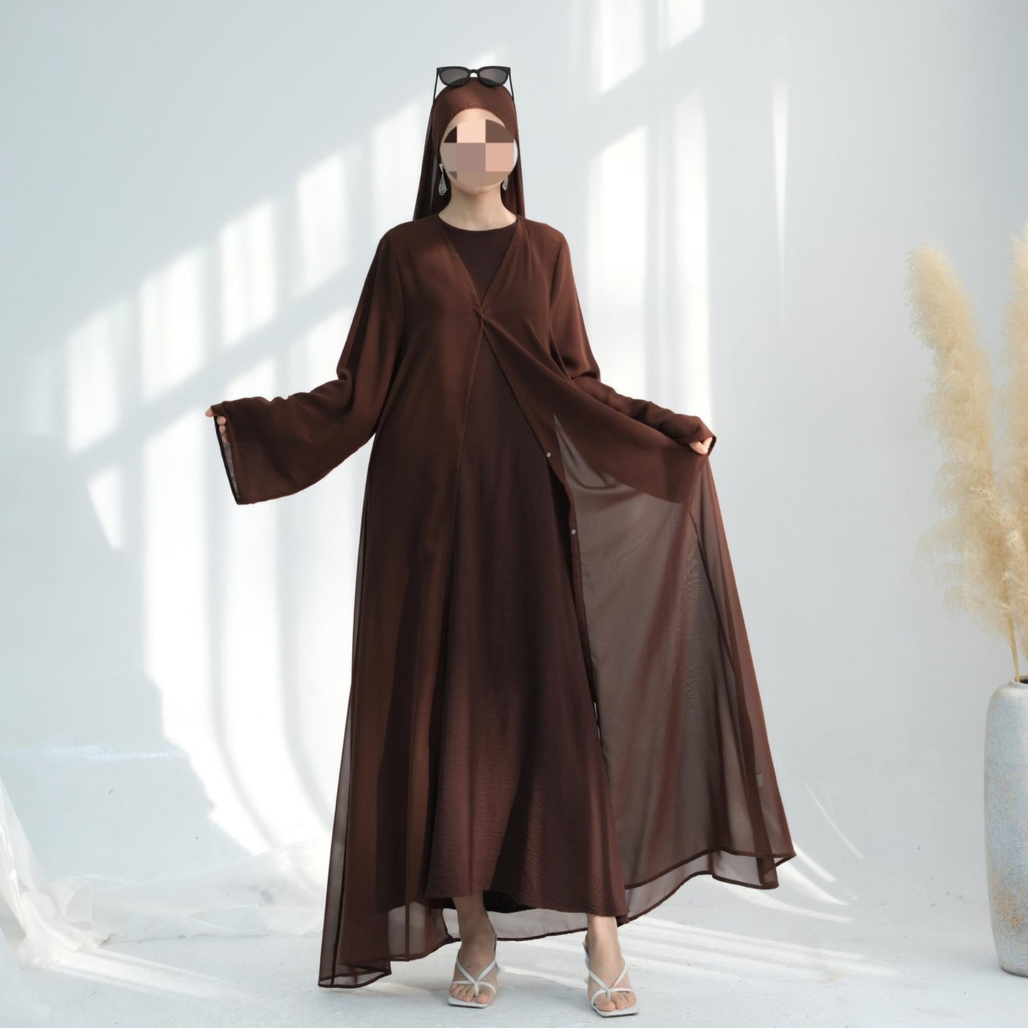 HA6513 Double-layered sleeve chiffon cardigan two-piece robe abaya (headscarf not included)