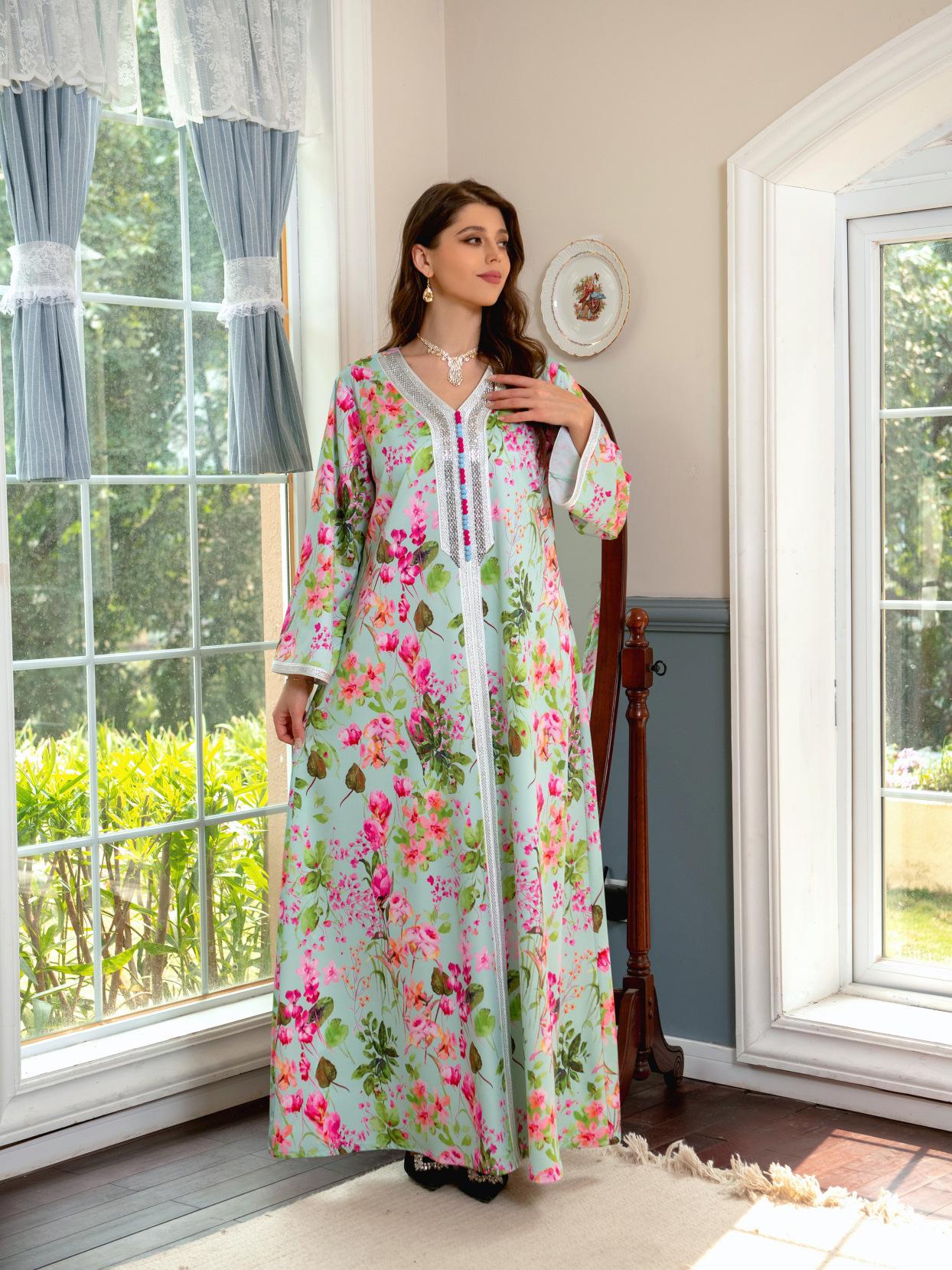 HAYA HAYA1075 Abaya Robe New Printed Rhinestone Dress