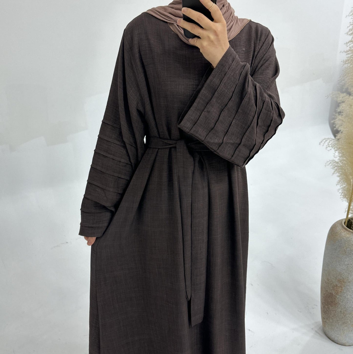 HAYA HA1179 Loose Fit Large Crepe Abaya Dress with Belt