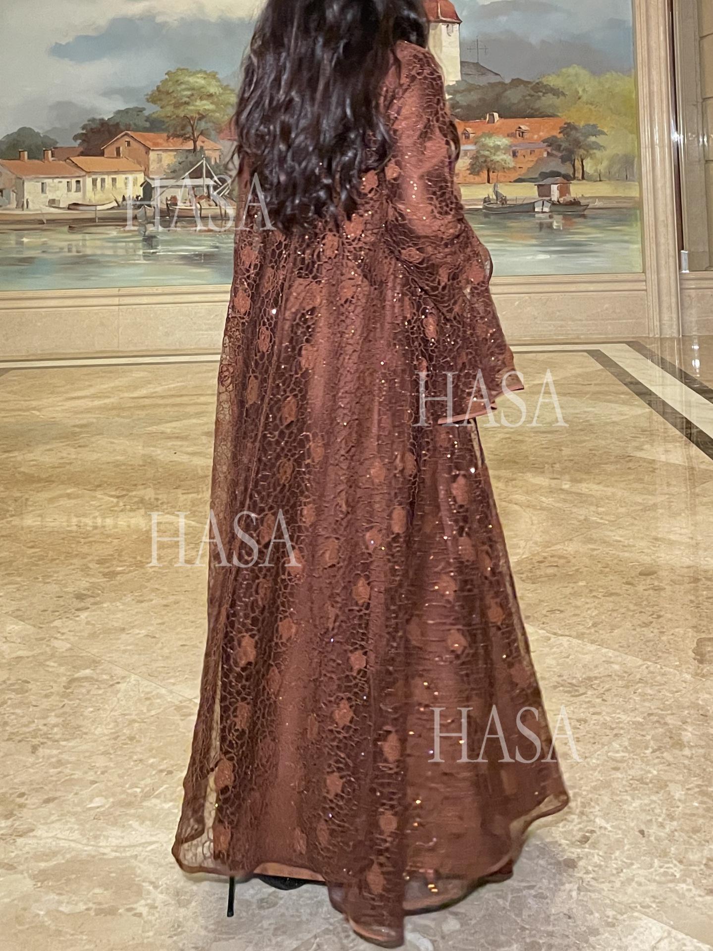 HA6488 Two-piece long dress with flared sleeves and lace sequined cape