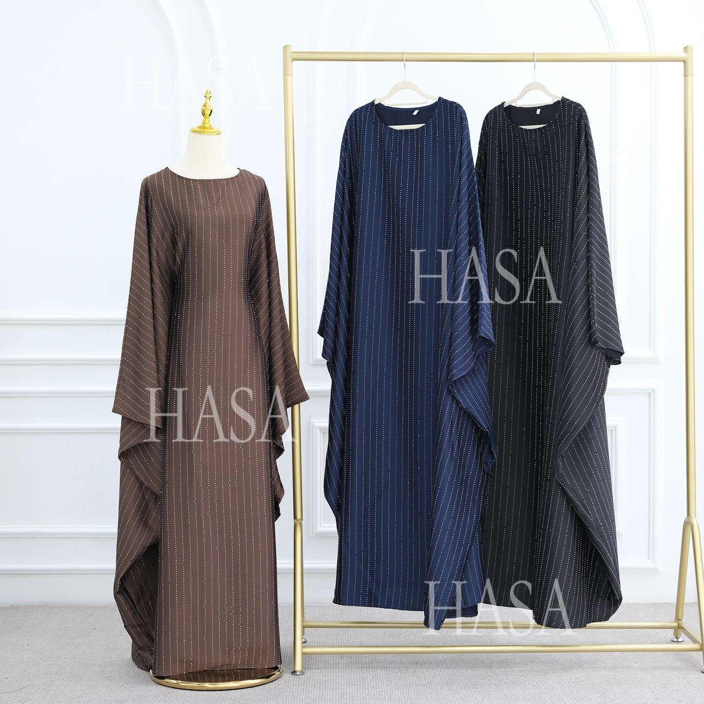 HA6483 Drape Rhinestone Gown with Simple Wide Sleeves