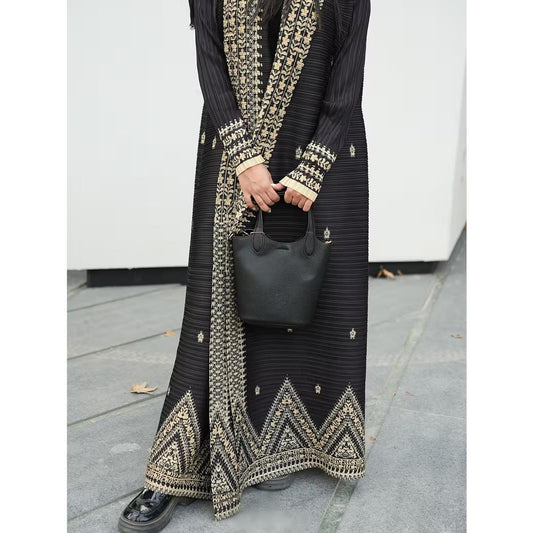 HS6709 Golden Dynasty , Black Abaya with Intricate Gold Embroidery