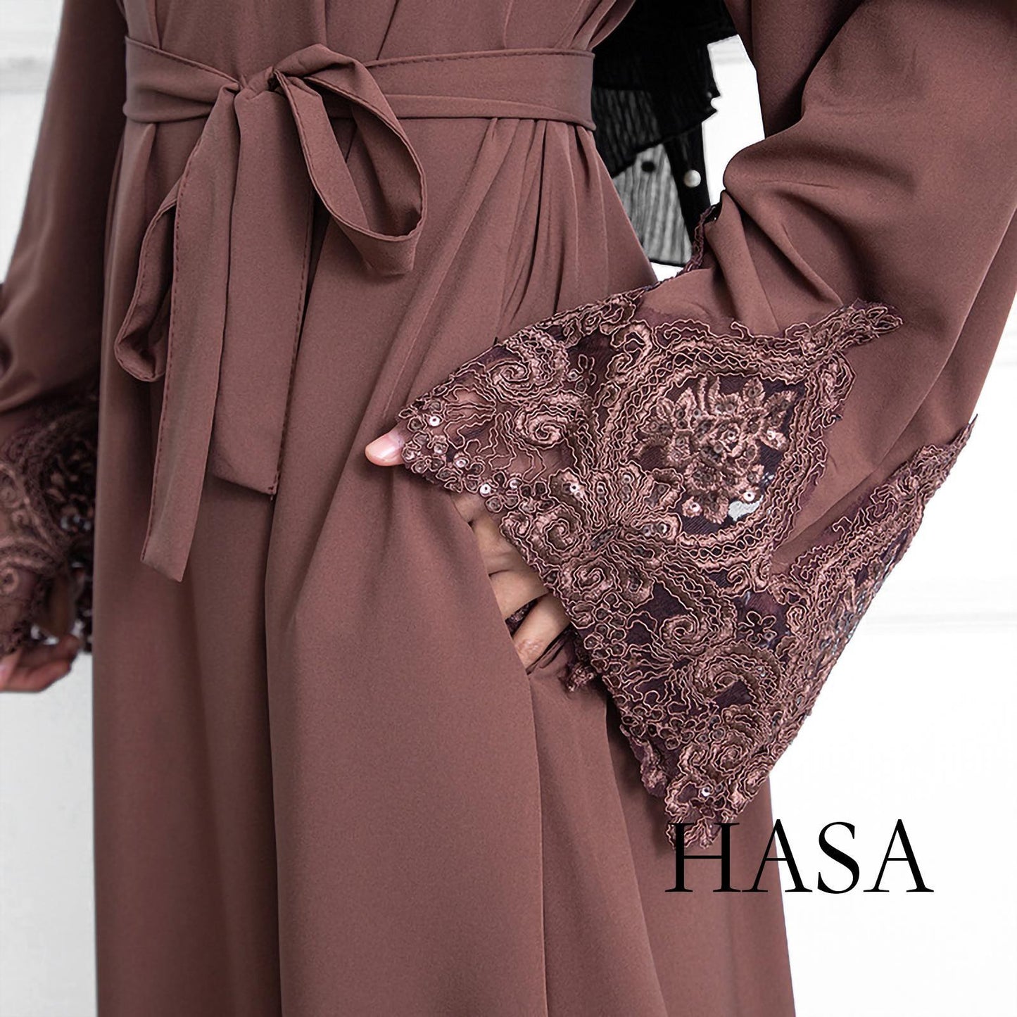 HAYA HA0303 3D Embroidery Sleeves with Two Sides Pocket and Nursing Zippers Solid Abaya